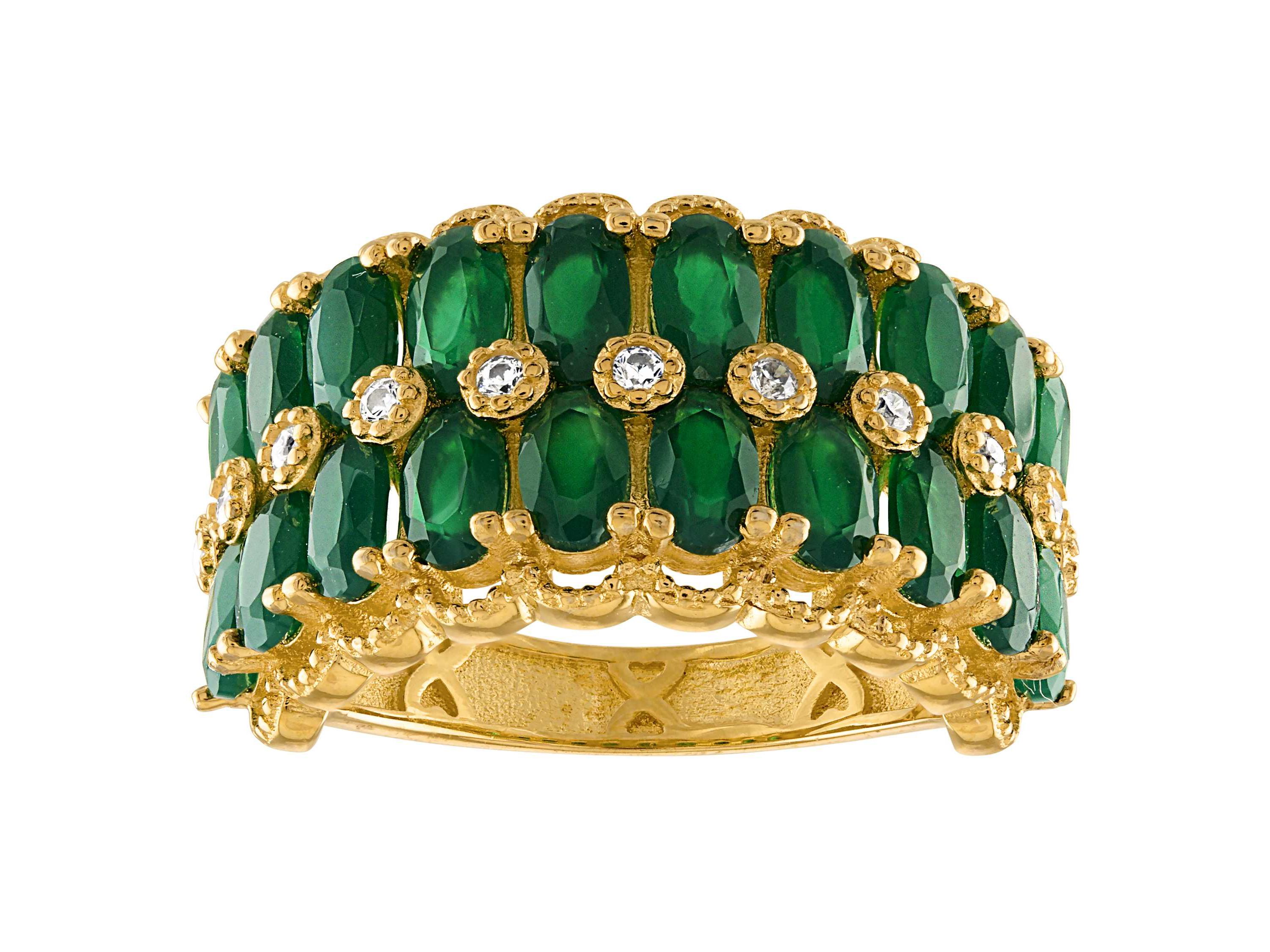 14K Gold Over Silver Green Chalcedony And Created White Sapphire Ring