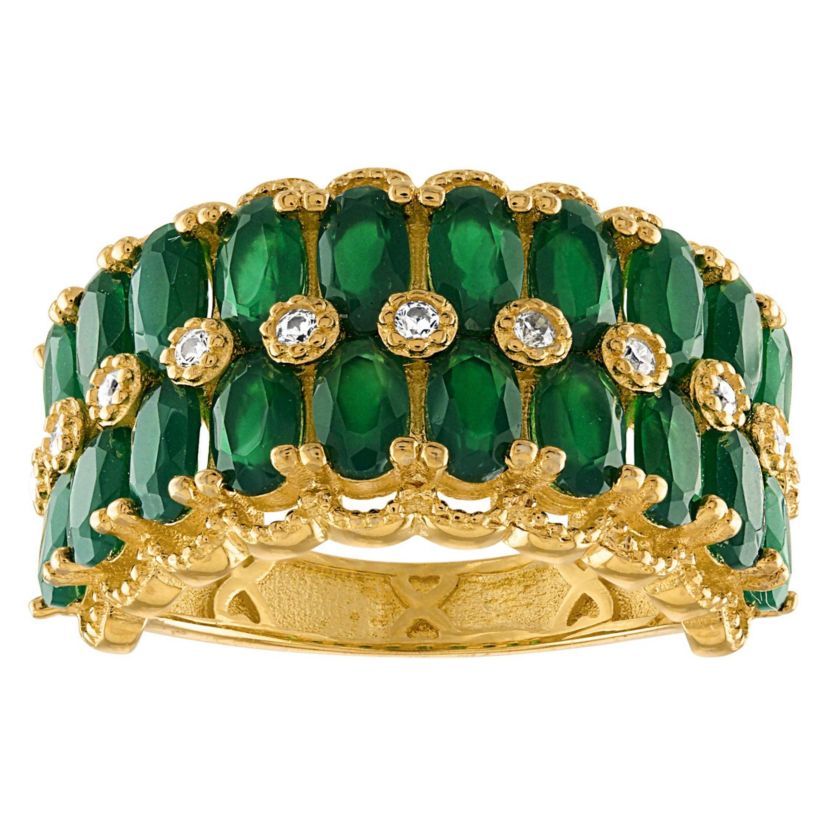 14K Gold Over Silver Green Chalcedony And Created White Sapphire Ring
