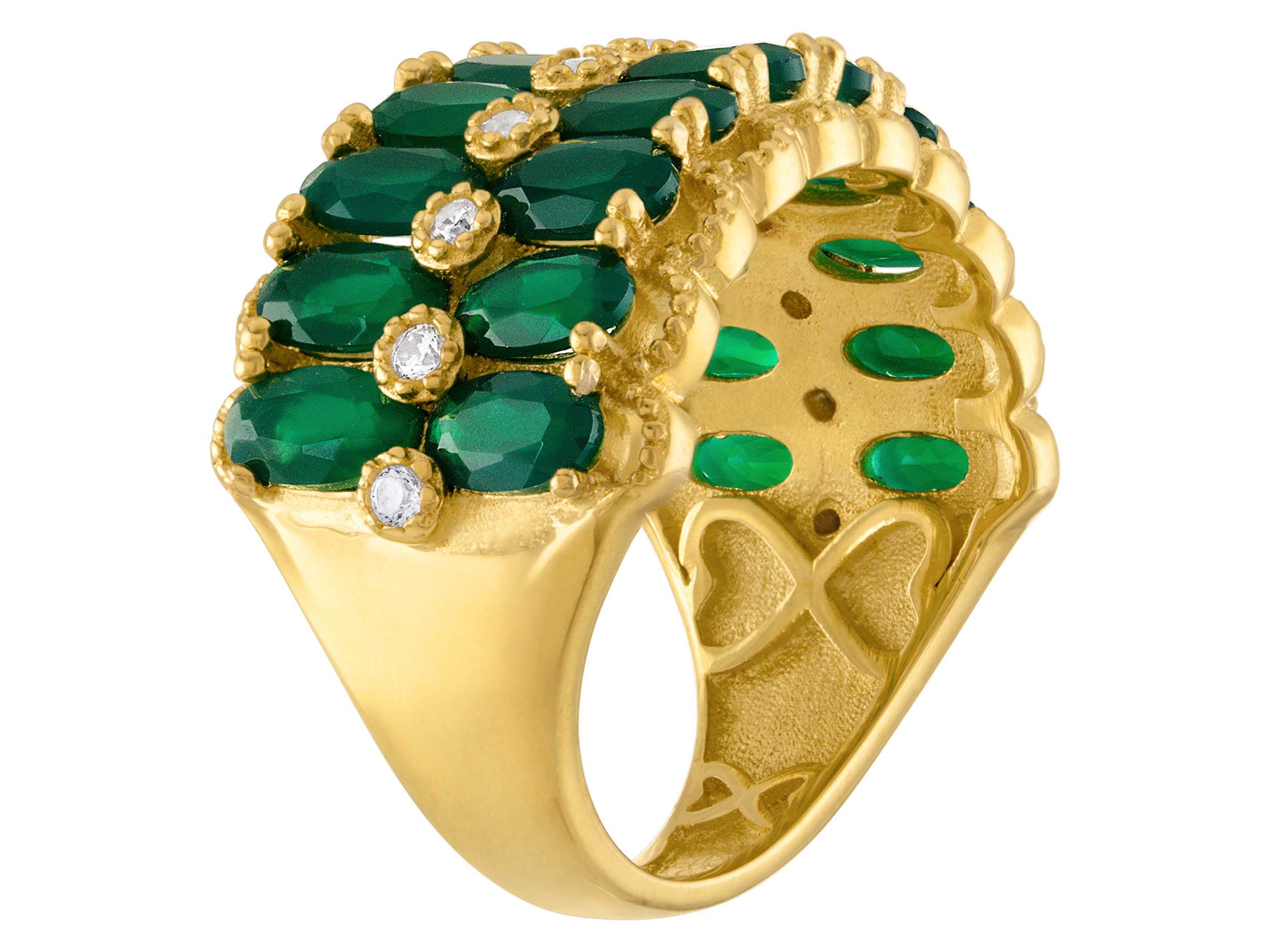 14K Gold Over Silver Green Chalcedony And Created White Sapphire Ring