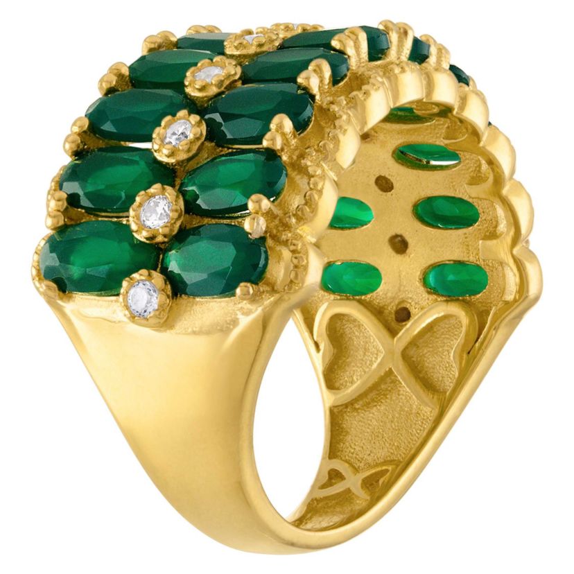 14K Gold Over Silver Green Chalcedony And Created White Sapphire Ring