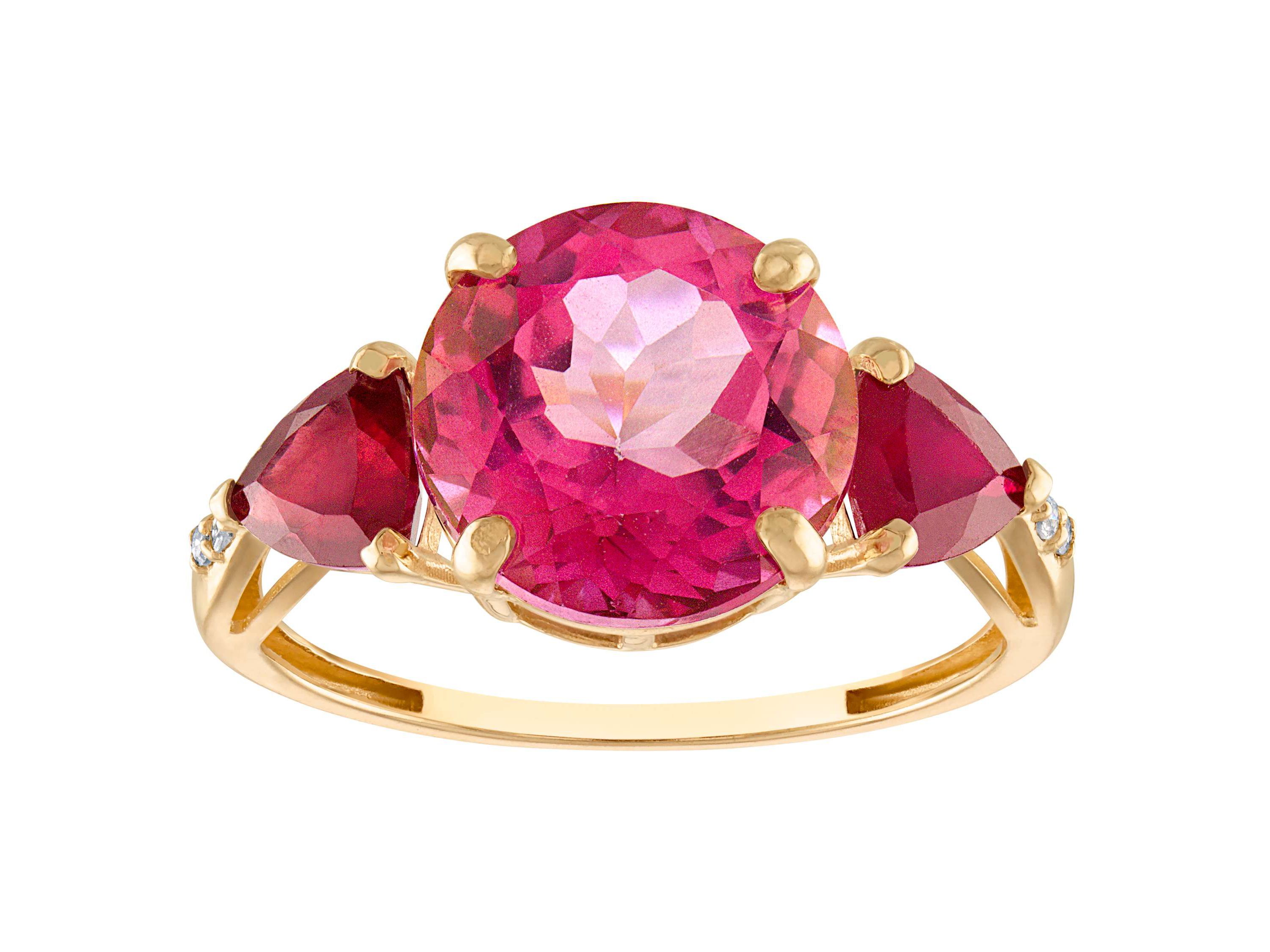 10K Gold Pink Topaz, Ruby And Diamond Ring