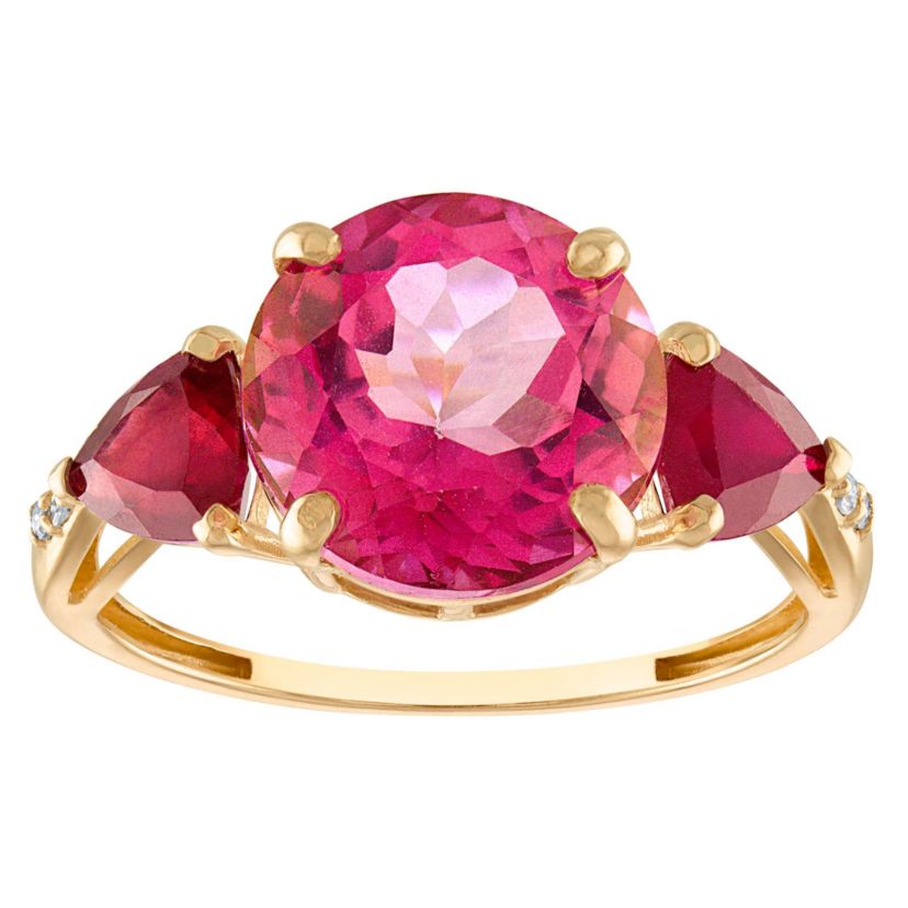 10K Gold Pink Topaz, Ruby And Diamond Ring