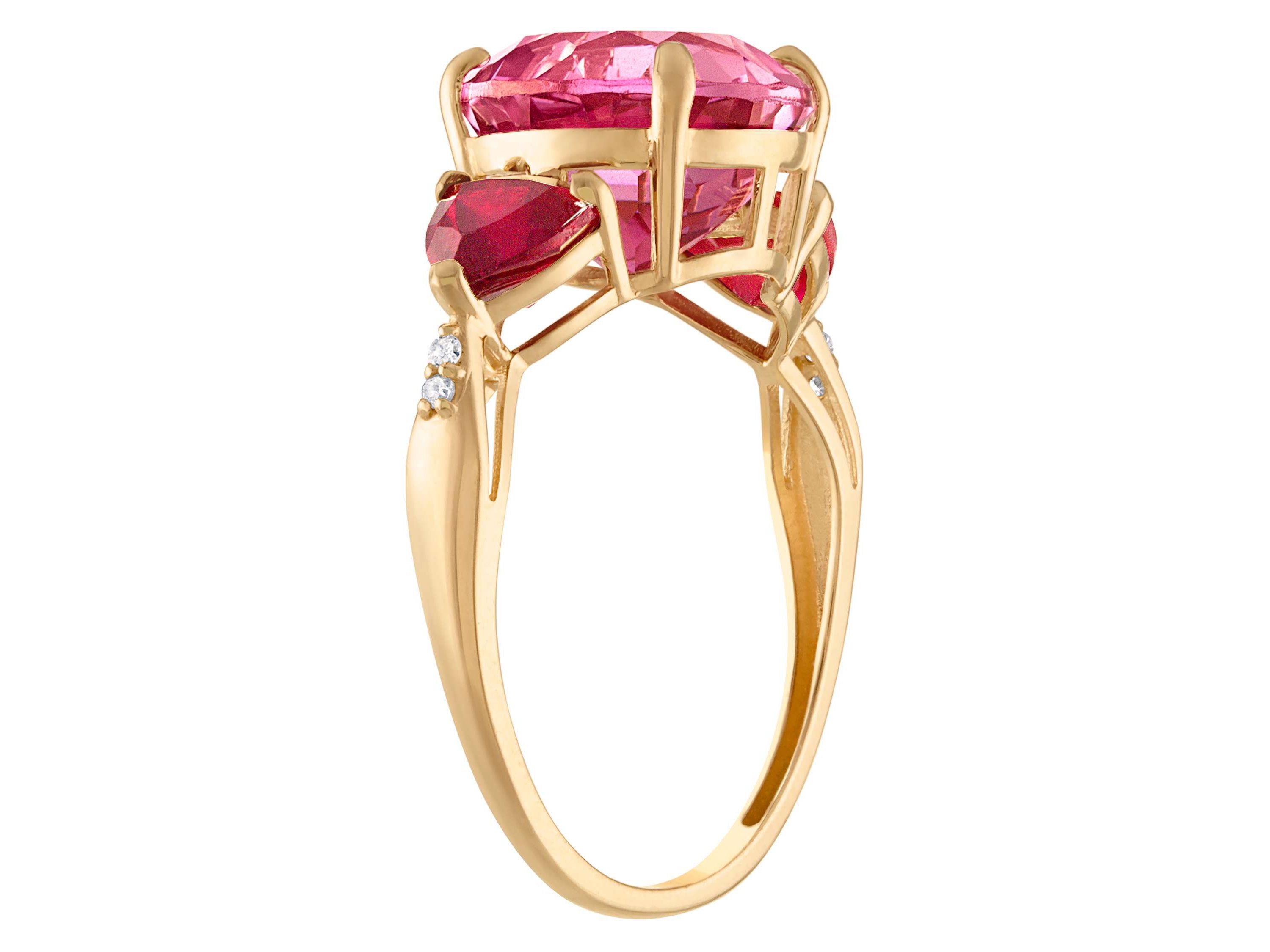 10K Gold Pink Topaz, Ruby And Diamond Ring