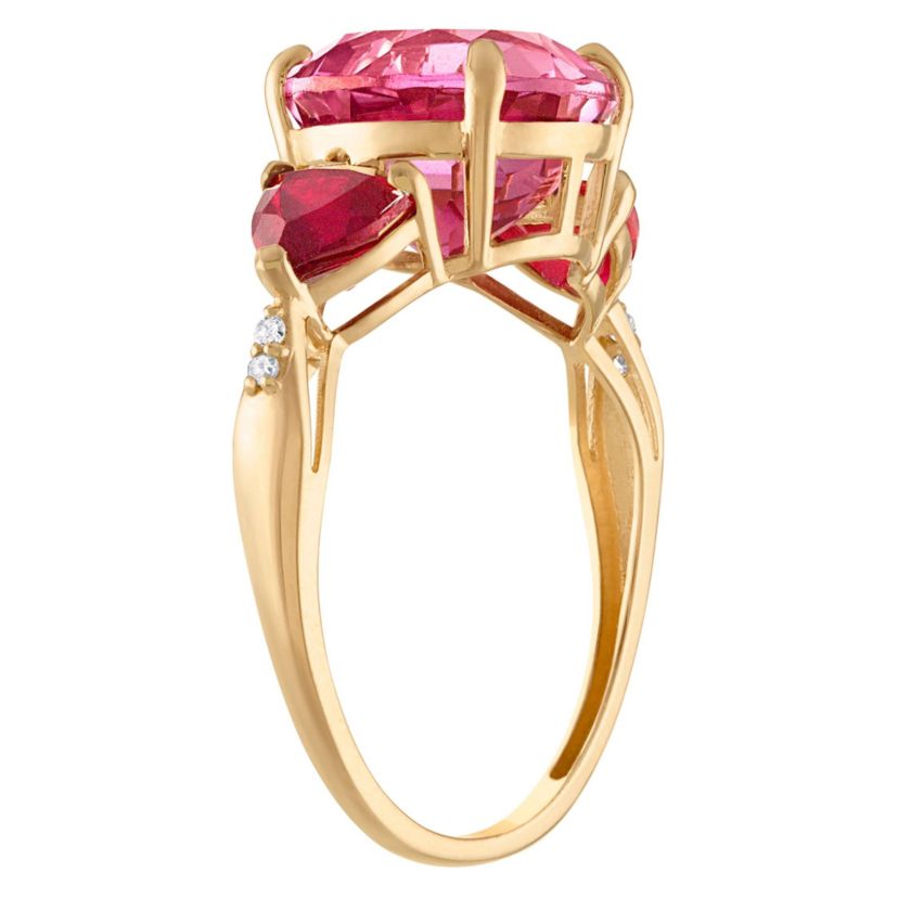 10K Gold Pink Topaz, Ruby And Diamond Ring