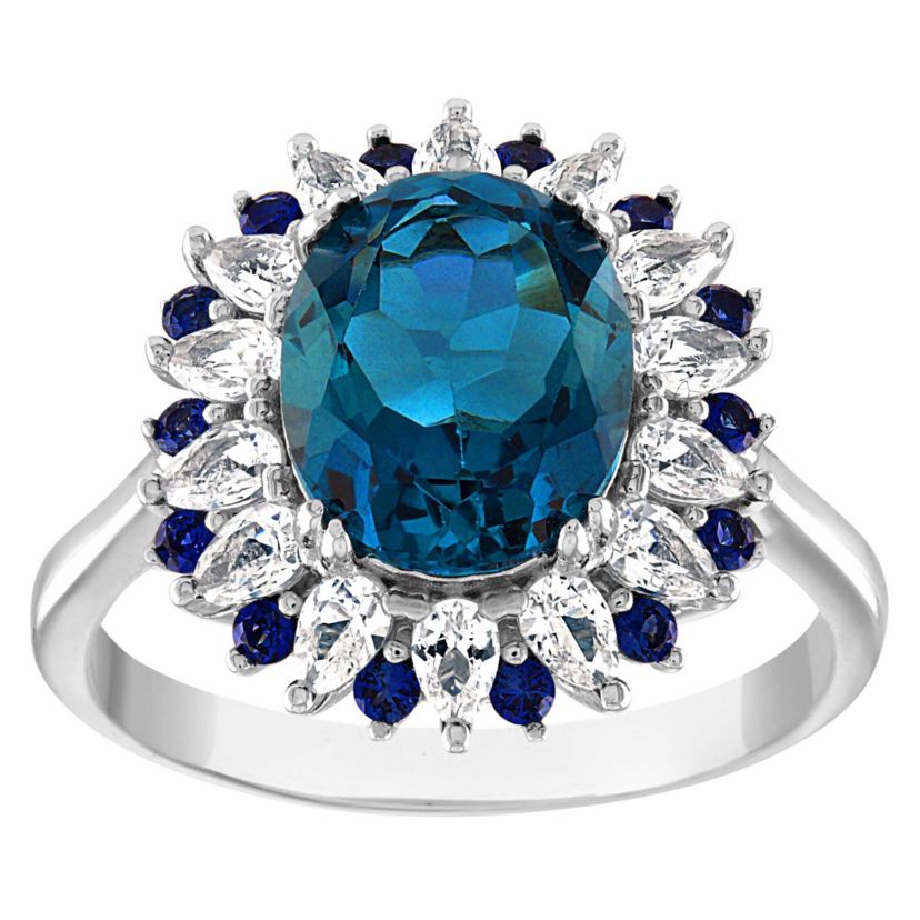 Sterling Silver London Blue Topaz, Created Sapphire, And Created White Sapphire Ring