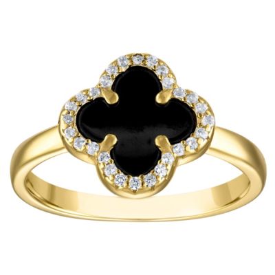 Jordan Blue NYC Sterling Silver Mother Of Pearl And White Cz Clover Ring, Black, 7