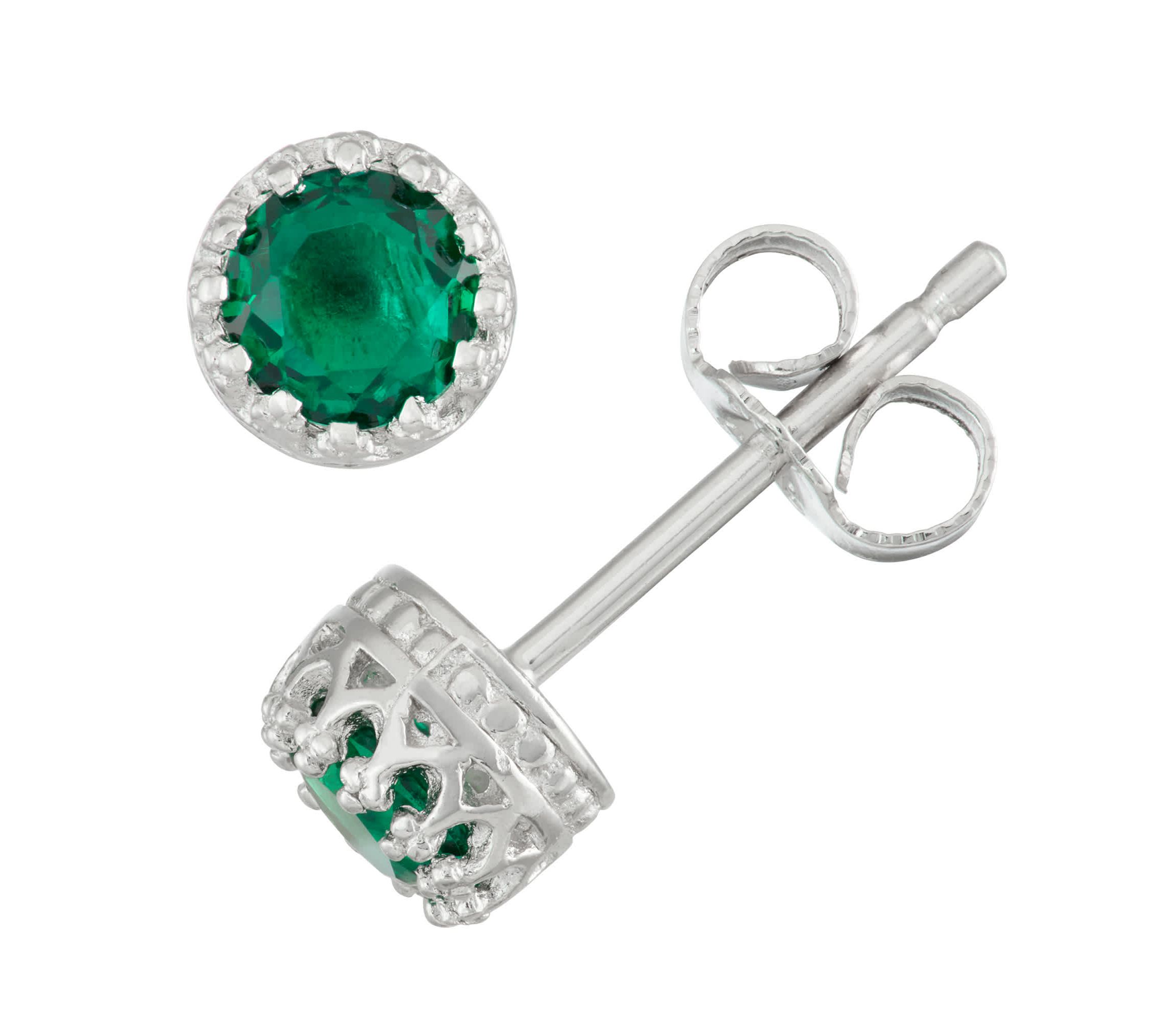 Lab Created Sterling Silver 4mm Round Created Emerald Stud Earring