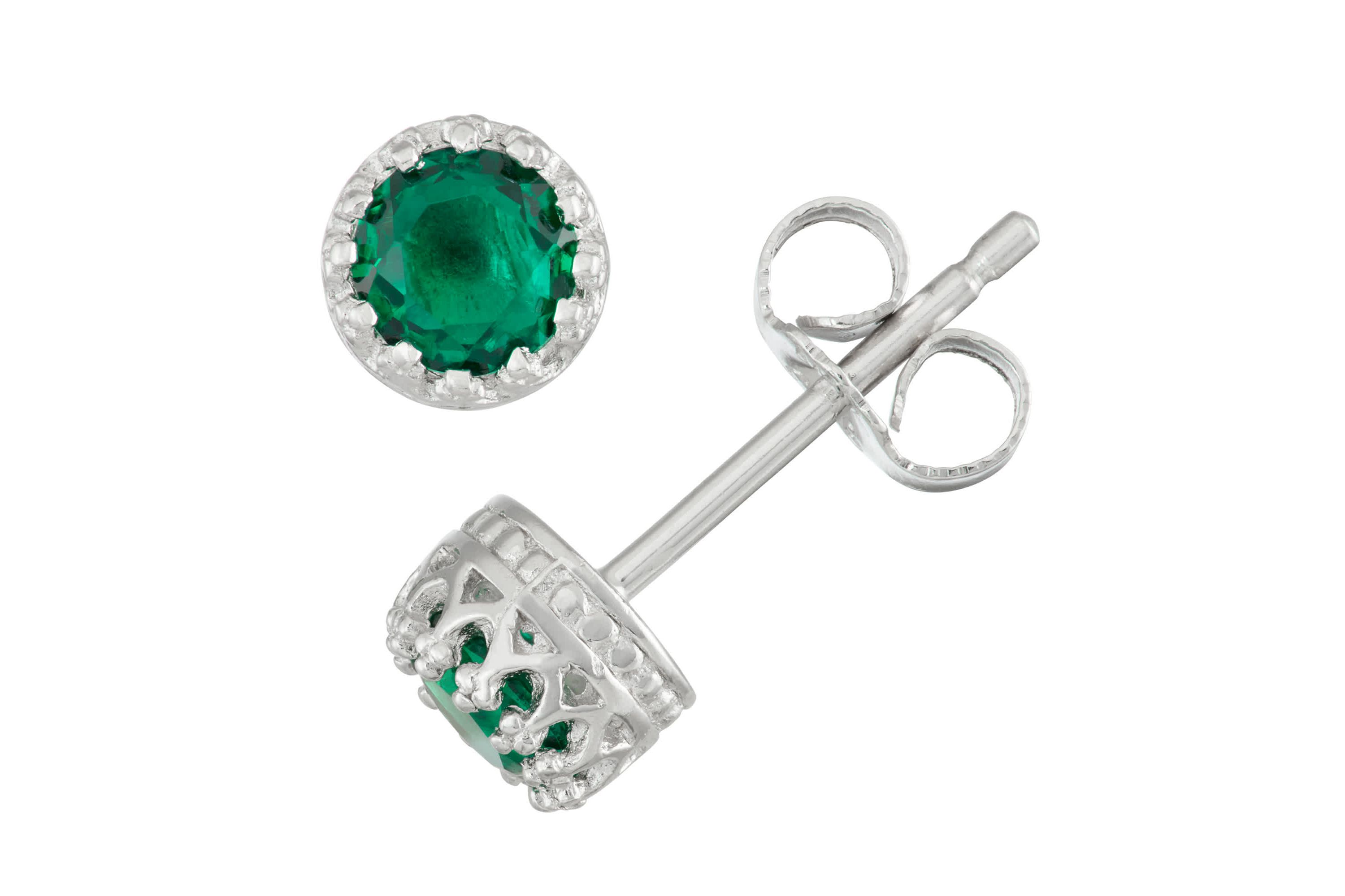 Lab Created Sterling Silver 4mm Round Created Emerald Stud Earring