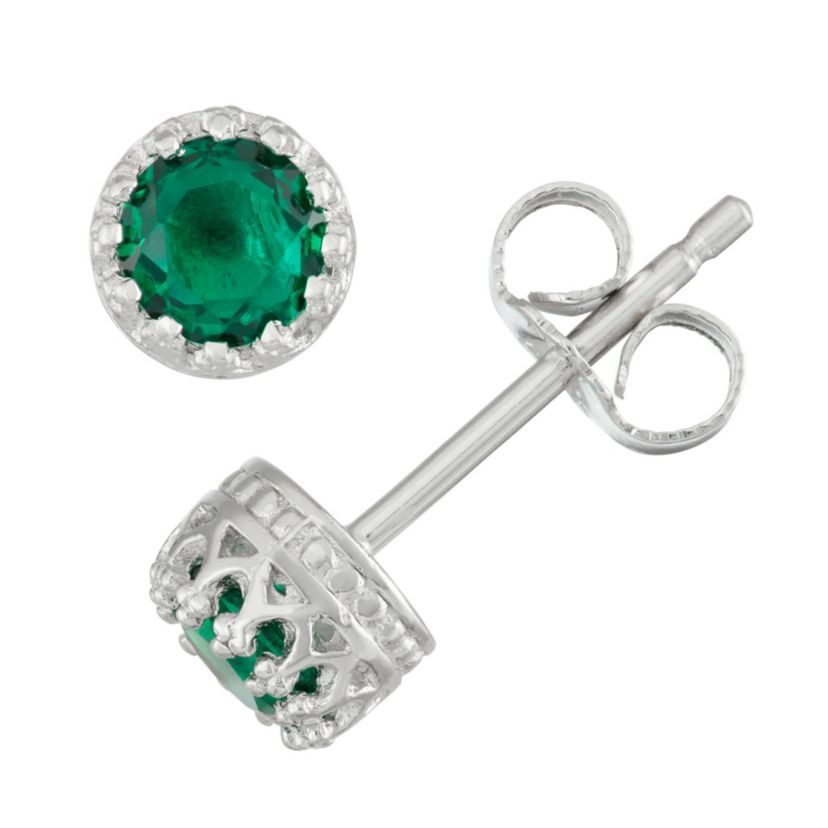 Lab Created Sterling Silver 4mm Round Created Emerald Stud Earring