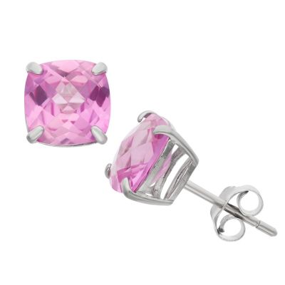 Jordan Blue NYC Lab Created Sterling Silver 8mm Created Aqua Cushion Stud Earrings, Pink