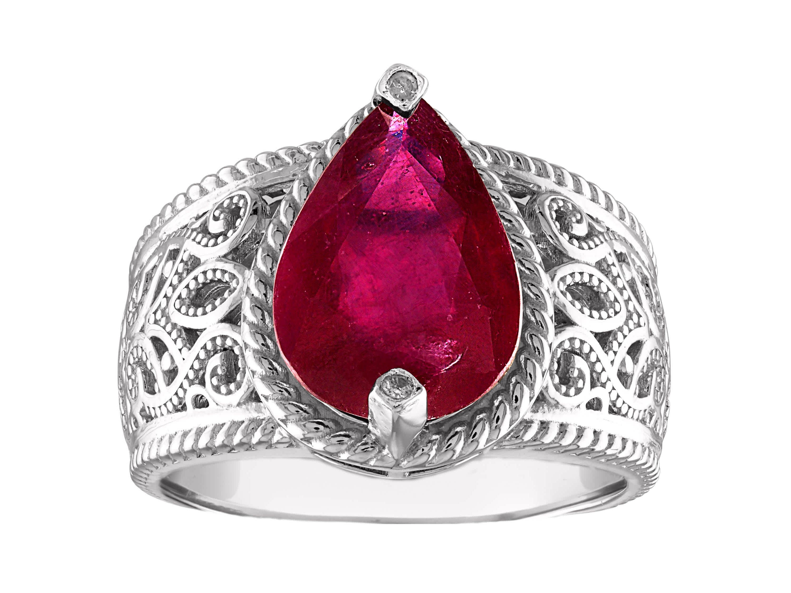 Sterling Silver Ruby And Diamond Pear Halo Ring