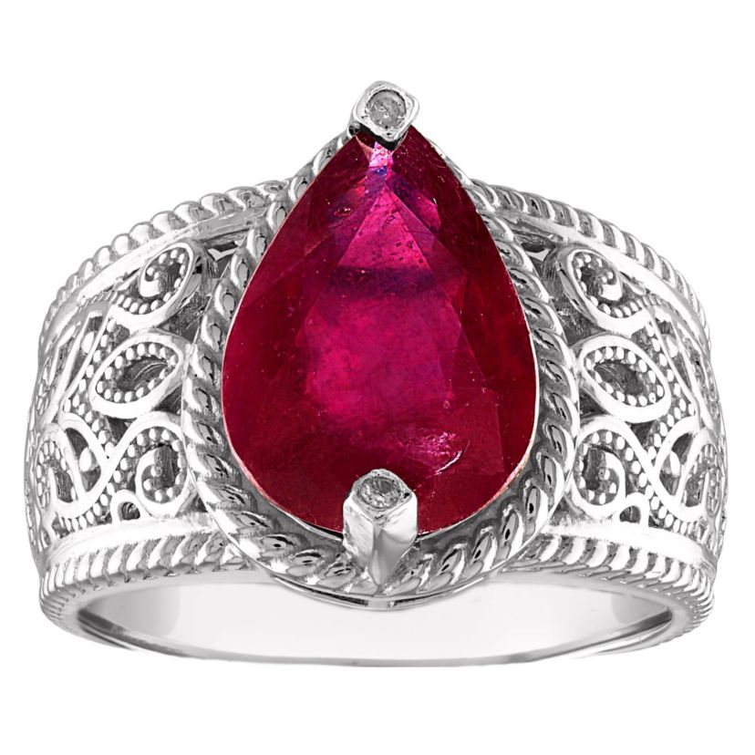 Sterling Silver Ruby And Diamond Pear Halo Ring