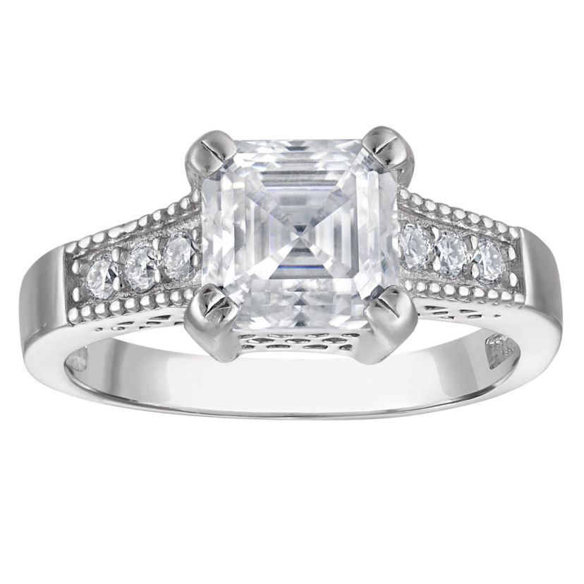 Lab Created Platinum Plated Silver Moissanite Ring