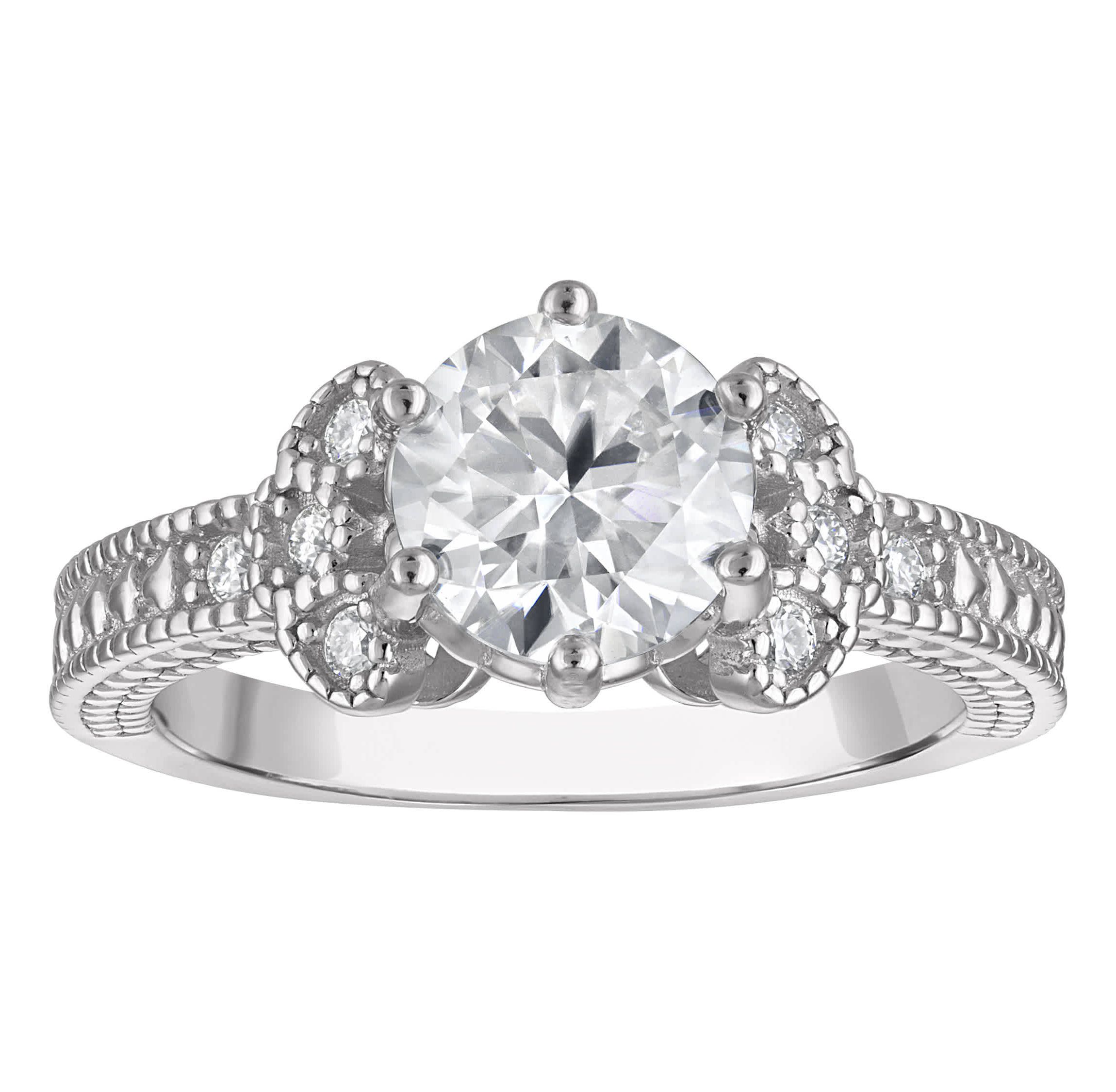 Lab Created Platinum Plated Silver Moissanite Ring