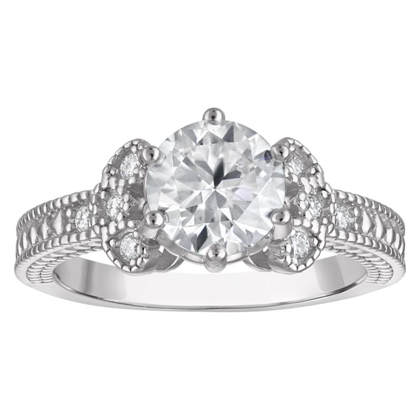 Lab Created Platinum Plated Silver Moissanite Ring
