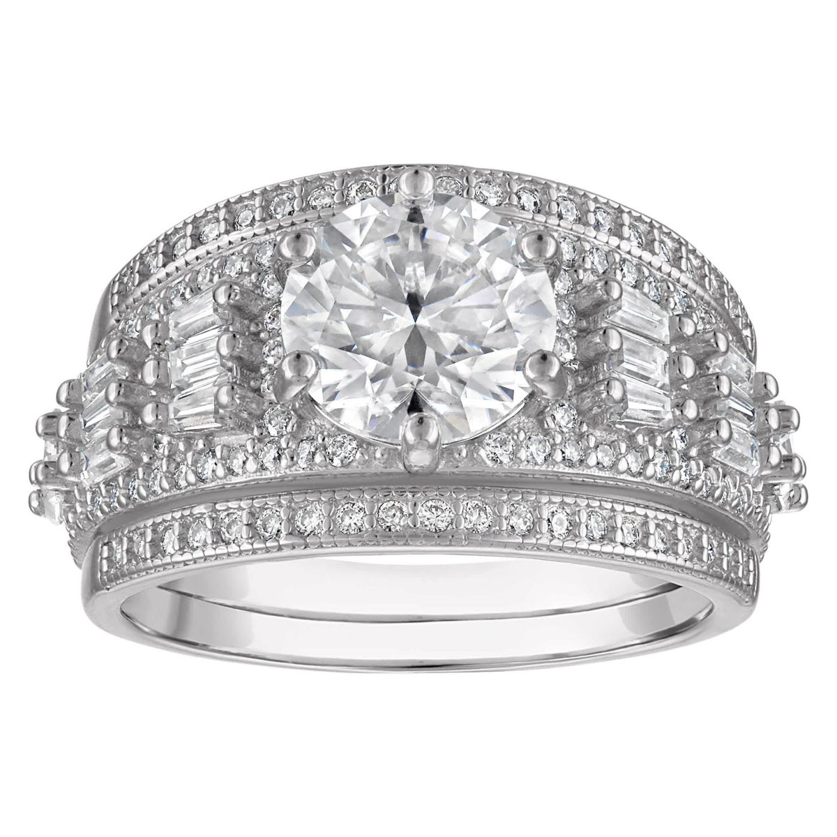 Lab Created Platinum Plated Silver Moissanite Ring Set