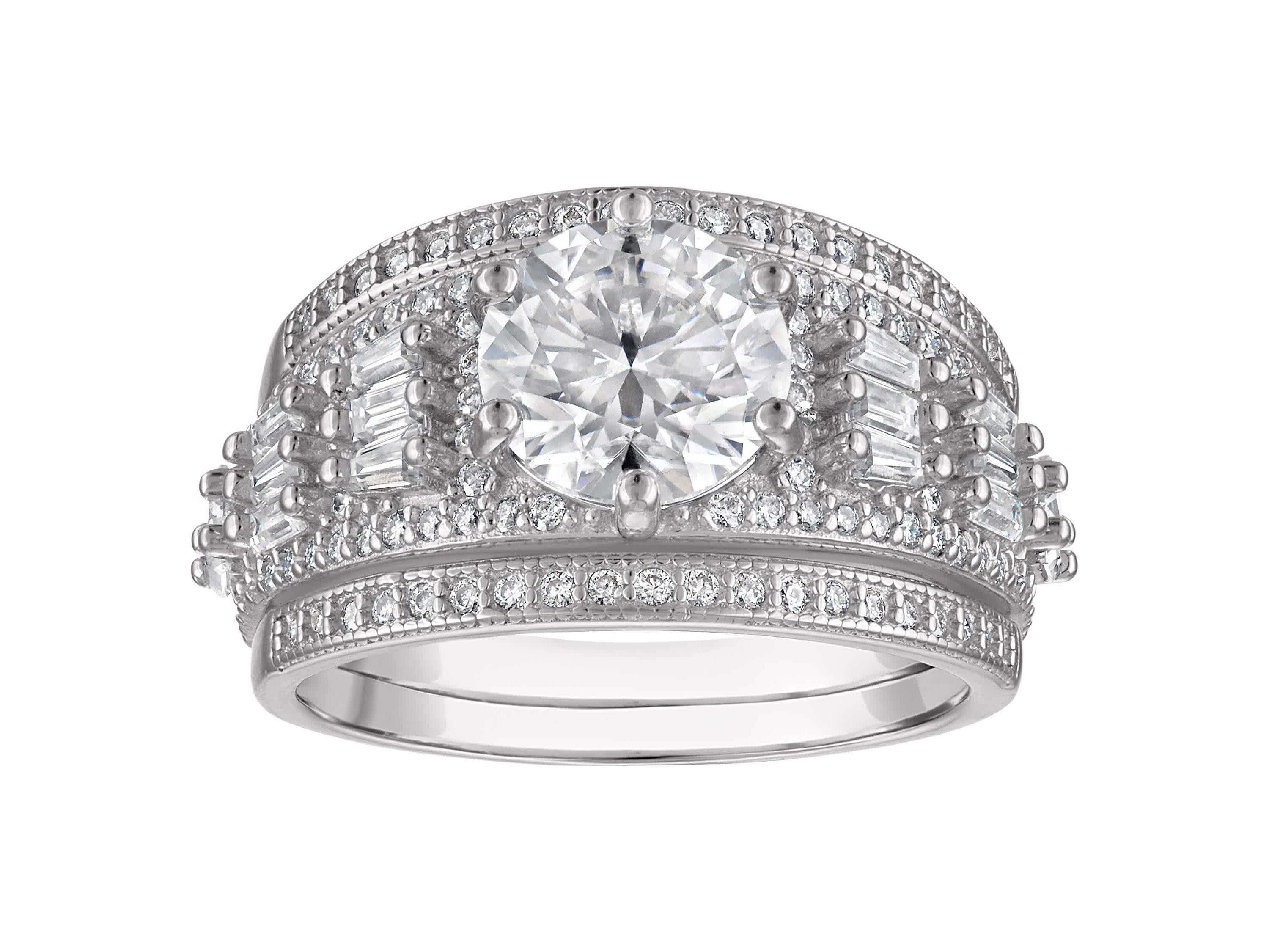Lab Created Platinum Plated Silver Moissanite Ring Set
