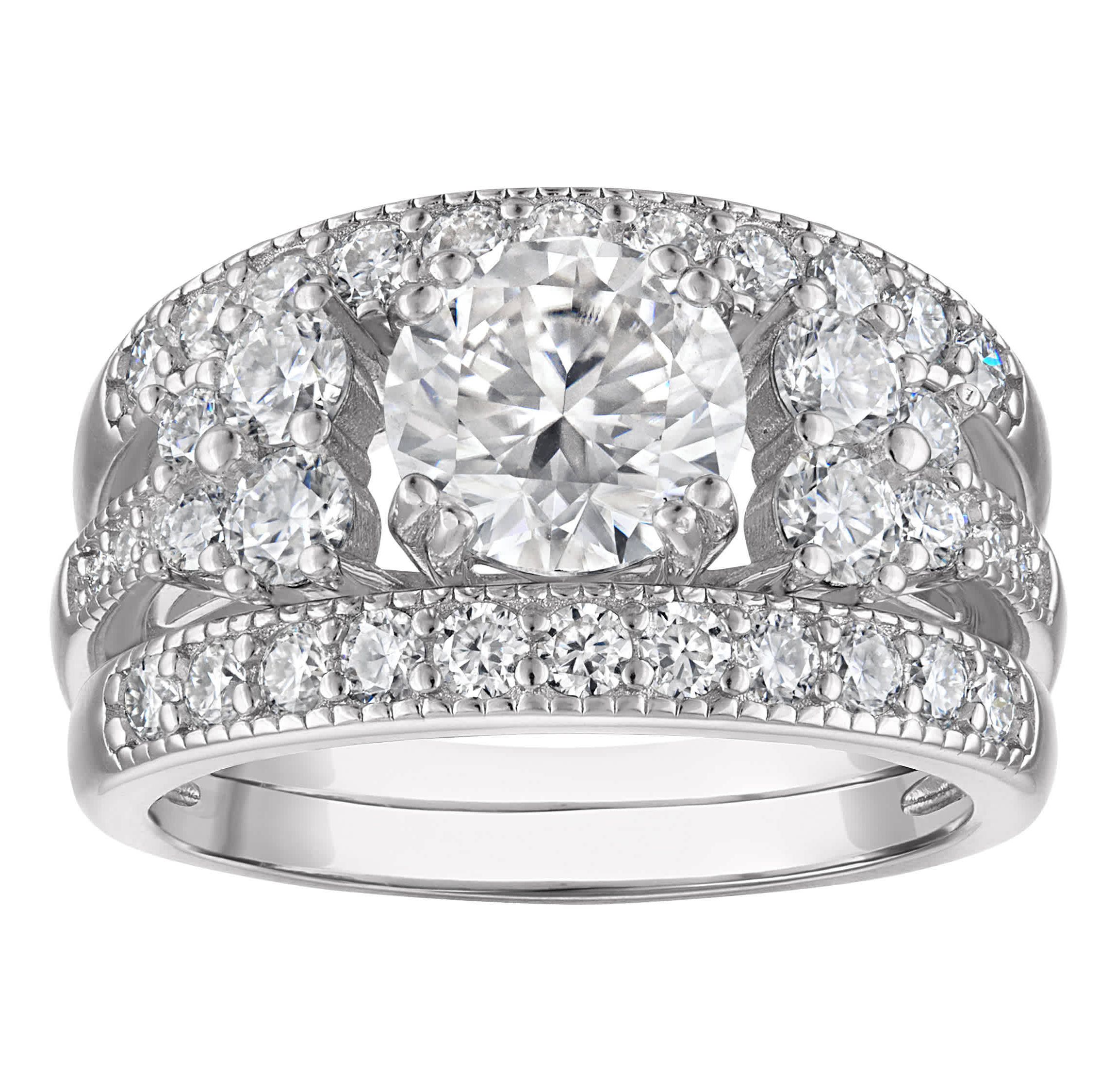 Lab Created Platinum Plated Silver Moissanite Ring Set