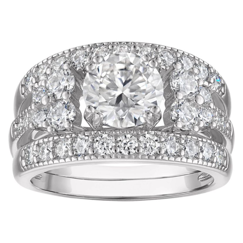 Lab Created Platinum Plated Silver Moissanite Ring Set