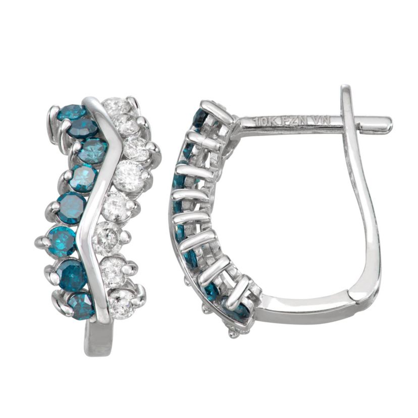 10Ktw Gold White And Blue Diamond Huggie Earrings