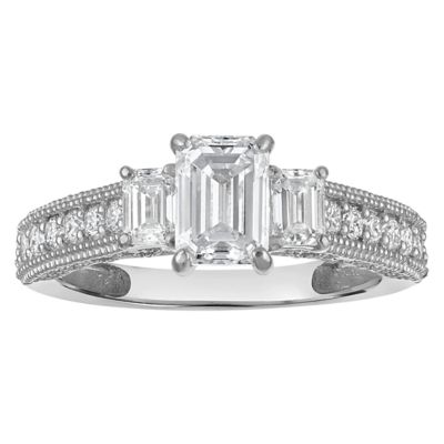 Jordan Blue NYC Lab Created 10K White Gold 1.95 Cttw Emerald-Cut Lab-Grown Diamond Three-Stone Ring