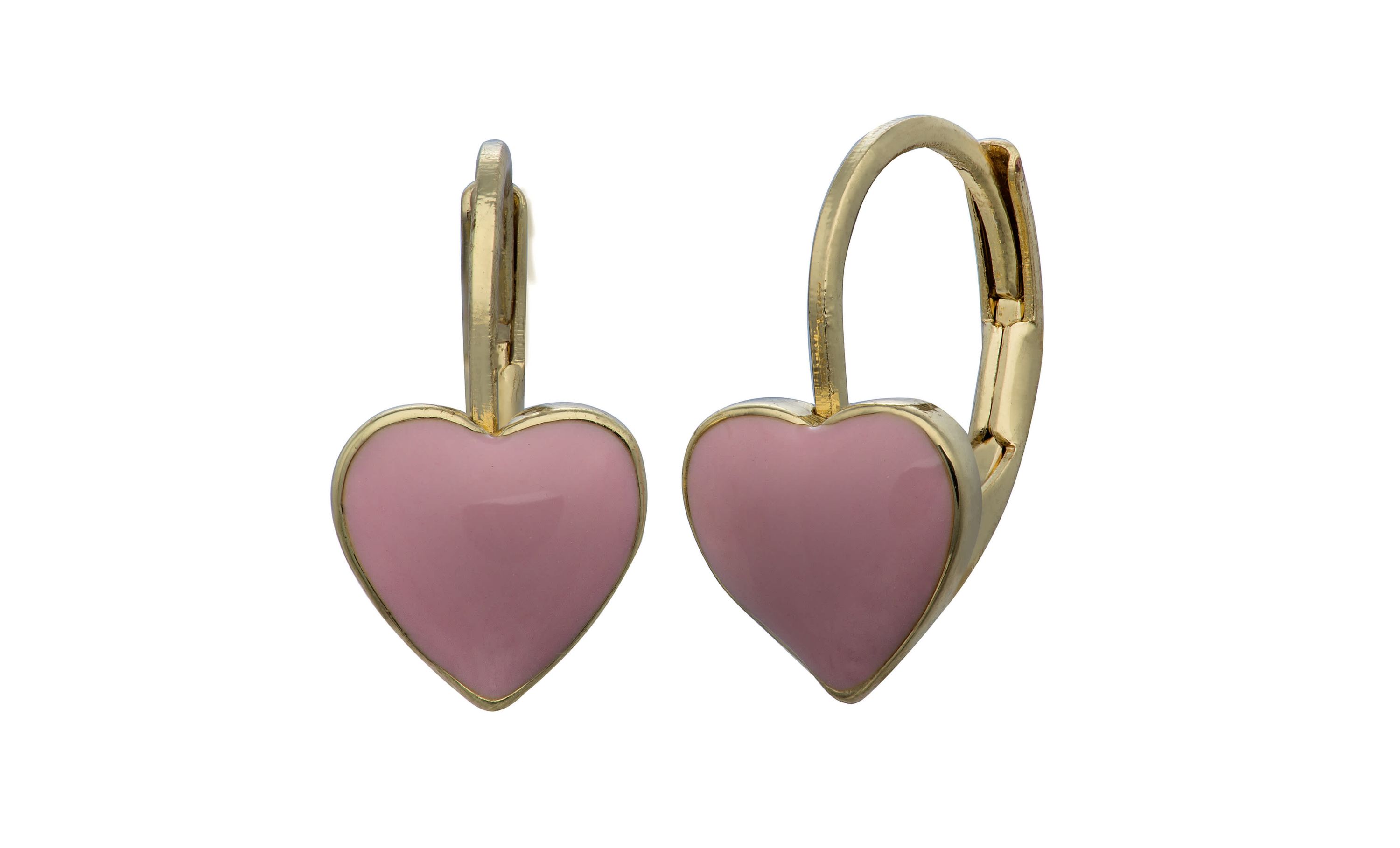 Gold Over Brass Pink Enamel Heart Kids Leverback Earrings