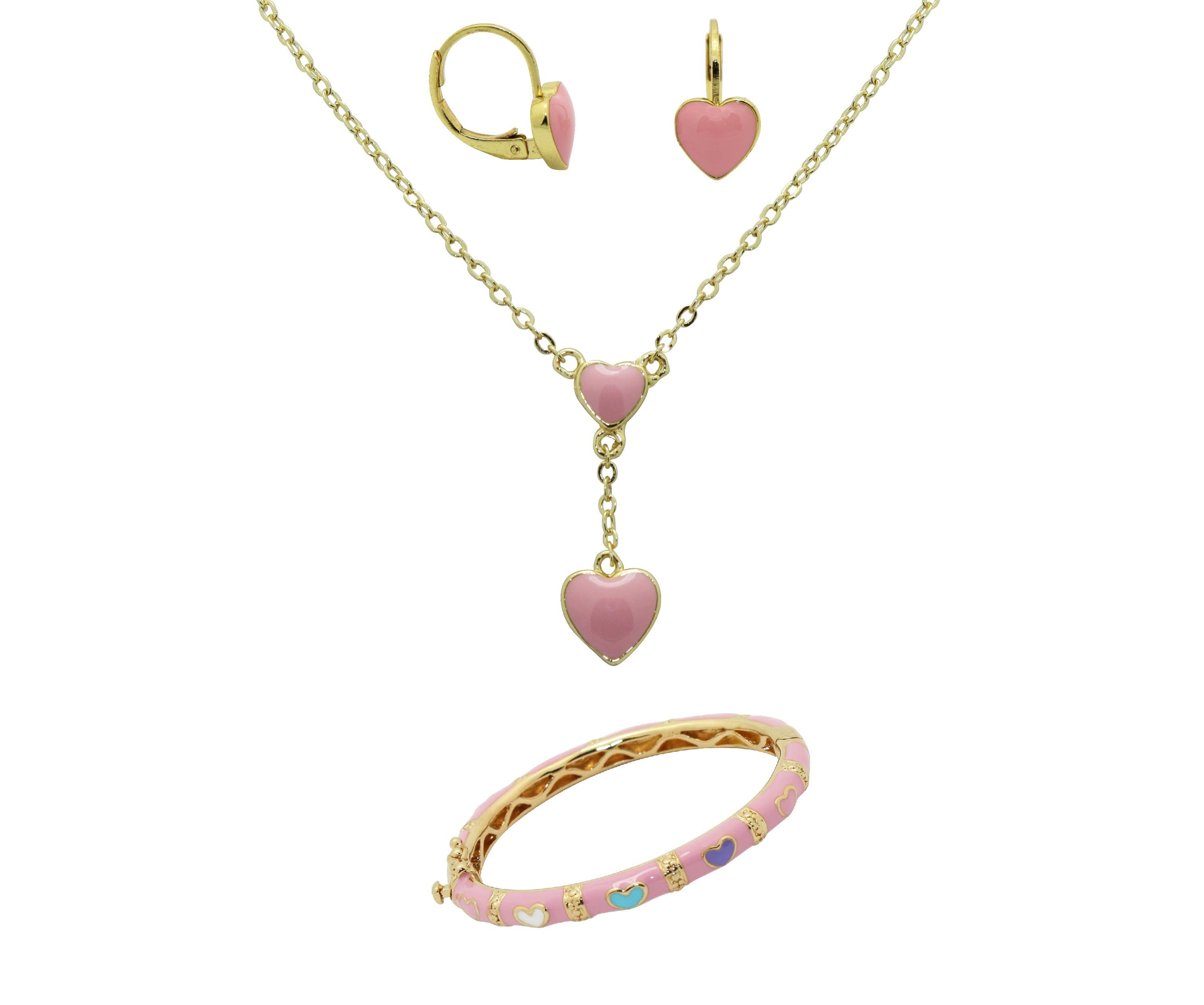 Gold Over Brass Pink Enamel Hrt Lvbk Earring/Necklace/Bangle Set