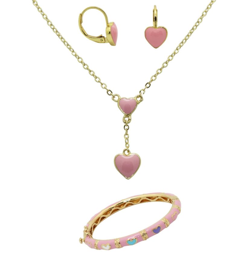 Gold Over Brass Pink Enamel Hrt Lvbk Earring/Necklace/Bangle Set