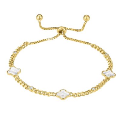 Jordan Blue NYC STERLING SILVER GENUINE MOTHER OF PEARL AND WHITE CZ CLOVER ADJUSTABLE BRACELET