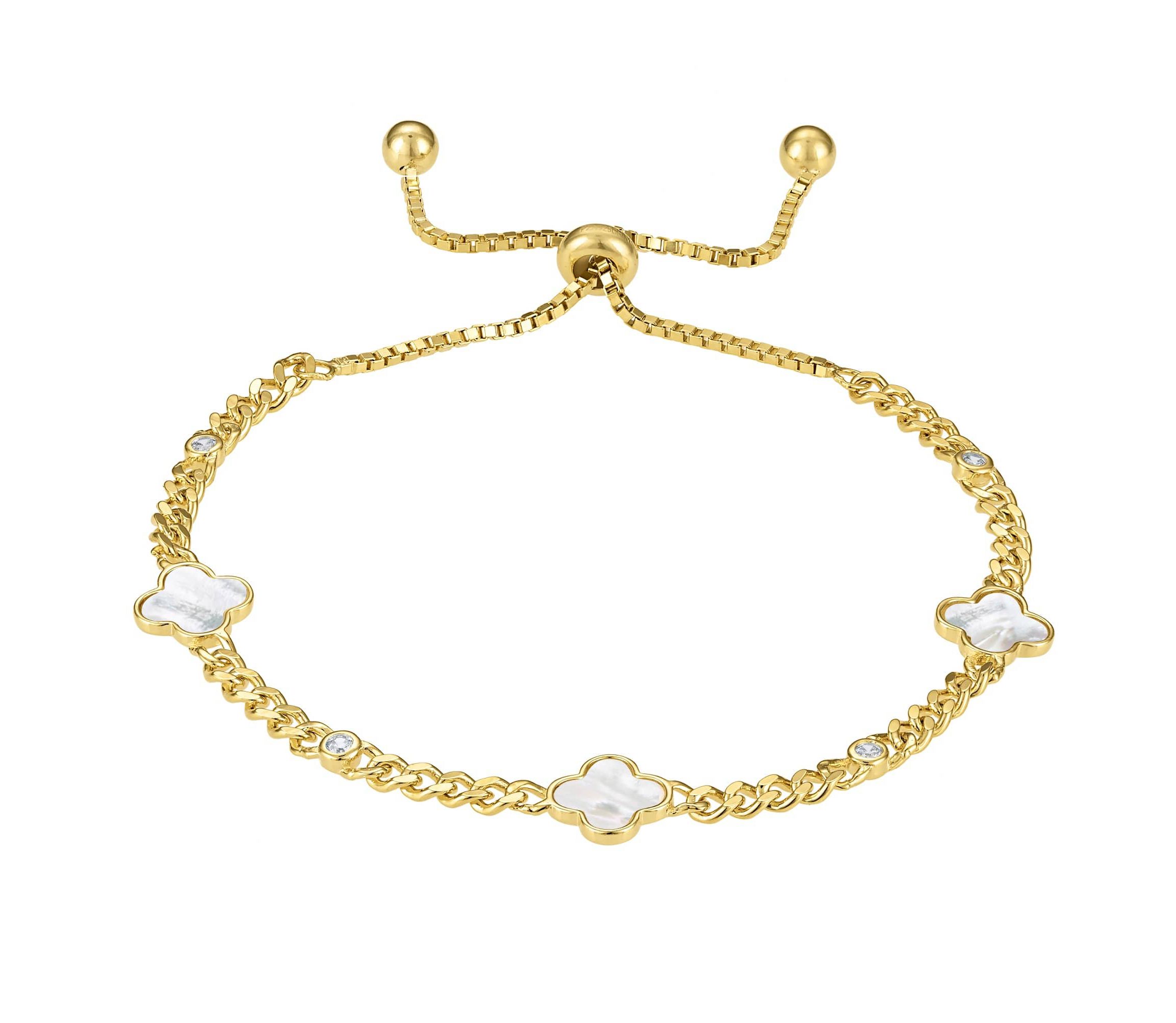 Sterling Silver Genuine Mother Of Pearl And White Cz Clover Adjustable Bracelet