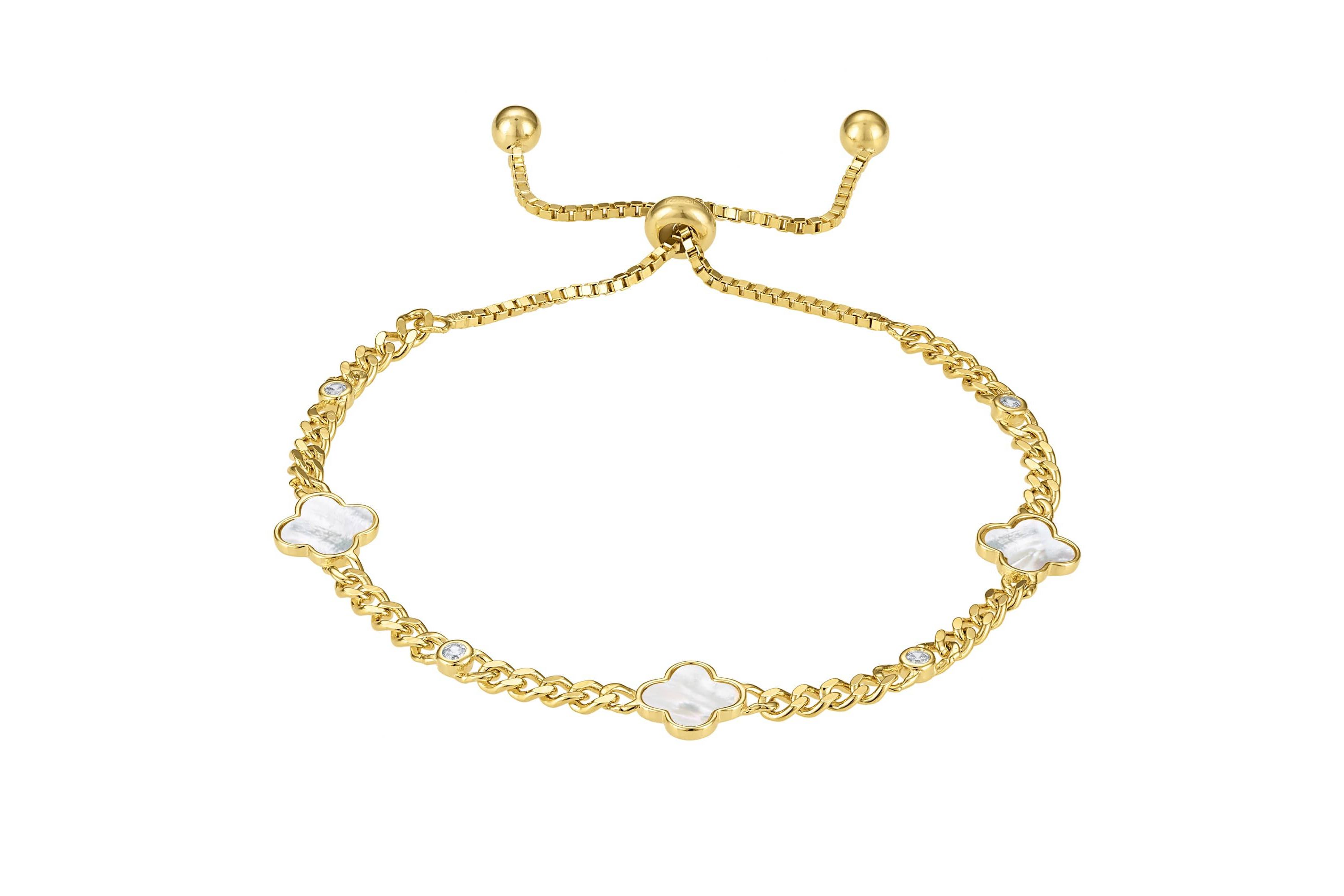 Sterling Silver Genuine Mother Of Pearl And White Cz Clover Adjustable Bracelet