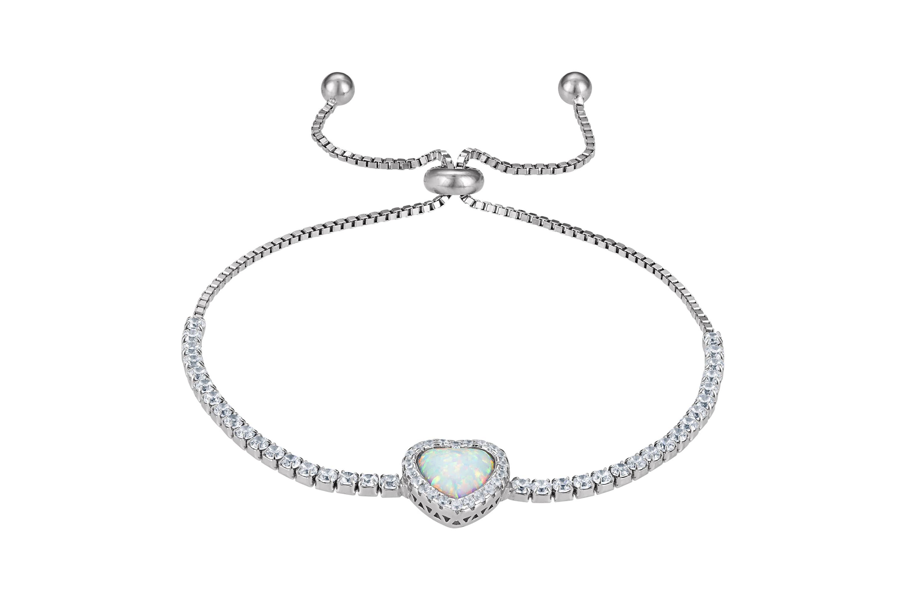 Lab Created Sterling Silver Created Opal And White Cz Heart Adjustable Bracelet