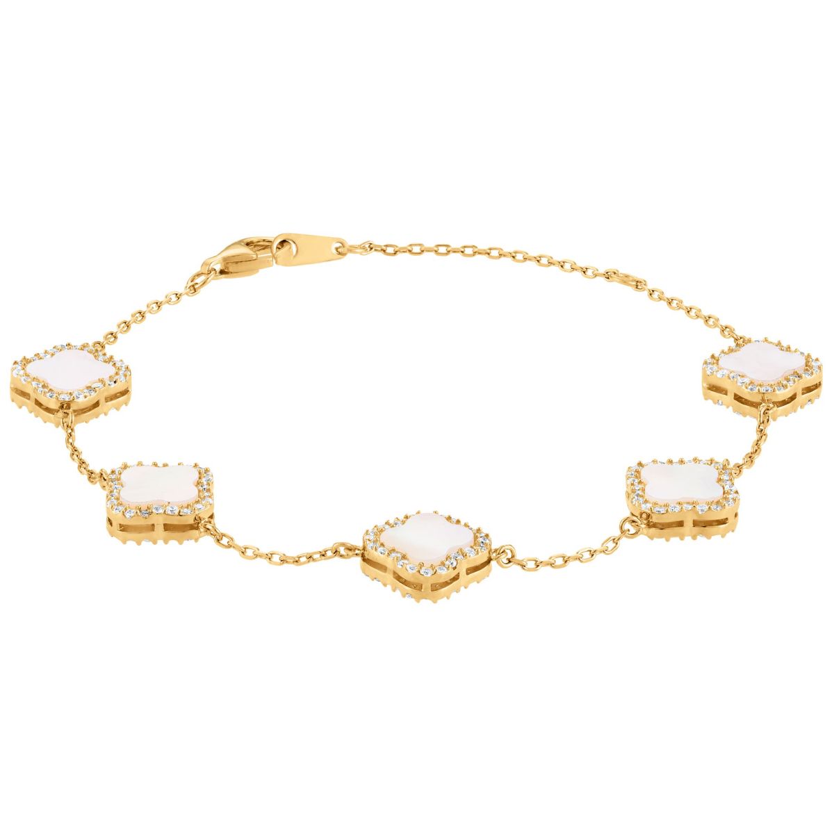 Sterling Silver Genuine Mother Of Pearl And White Cz Clover Bracelet