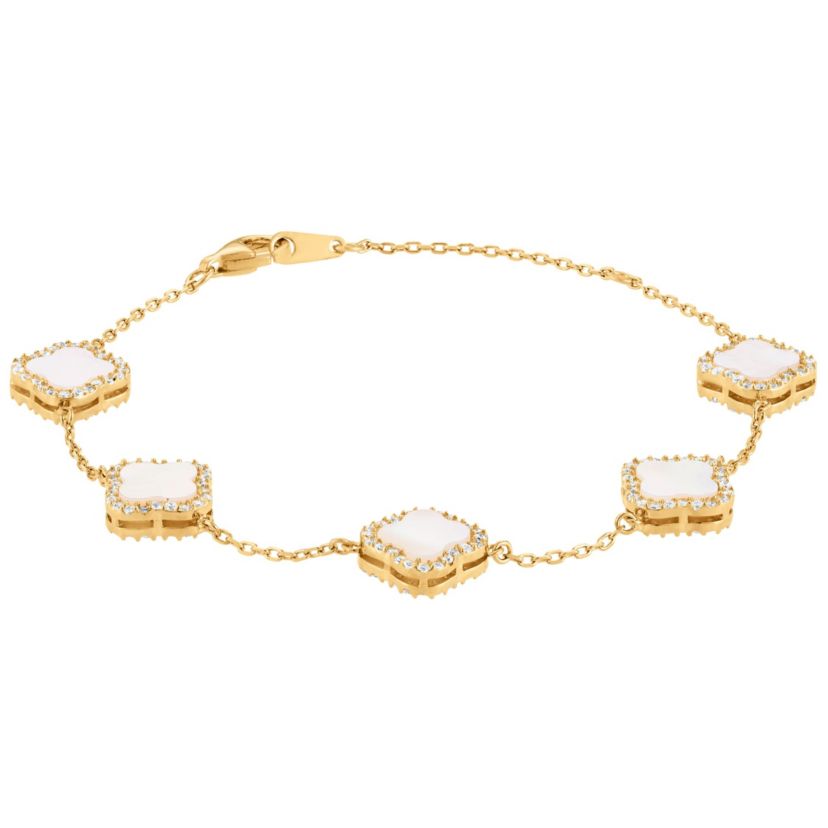 Sterling Silver Genuine Mother Of Pearl And White Cz Clover Bracelet