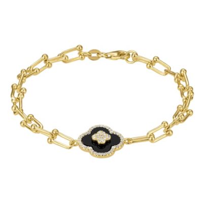 Jordan Blue NYC Sterling Silver Black Onyx And White Cz Clover U Link Bracelet, Yellow