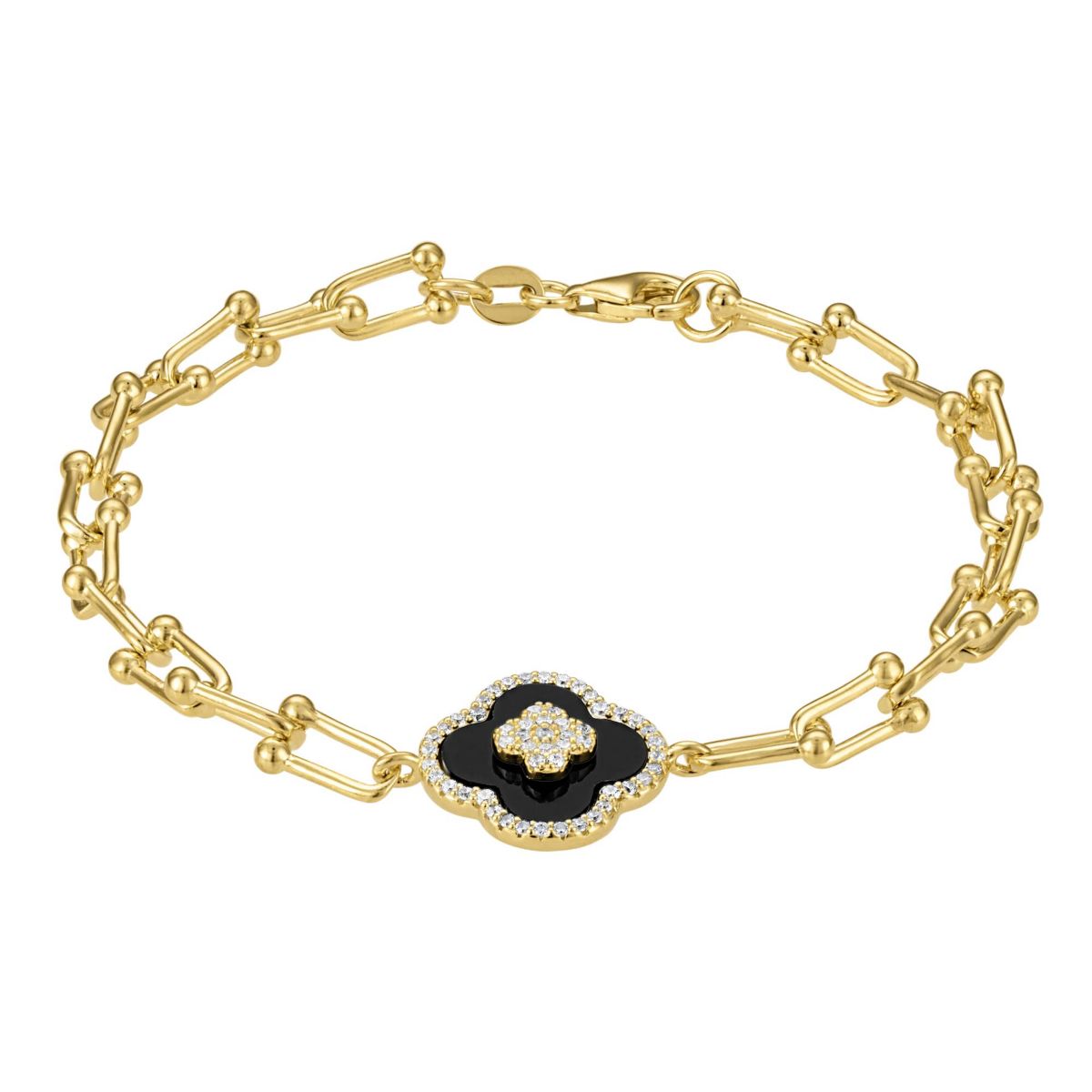 Sterling Silver Black Onyx And White Cz Clover U Link Bracelet