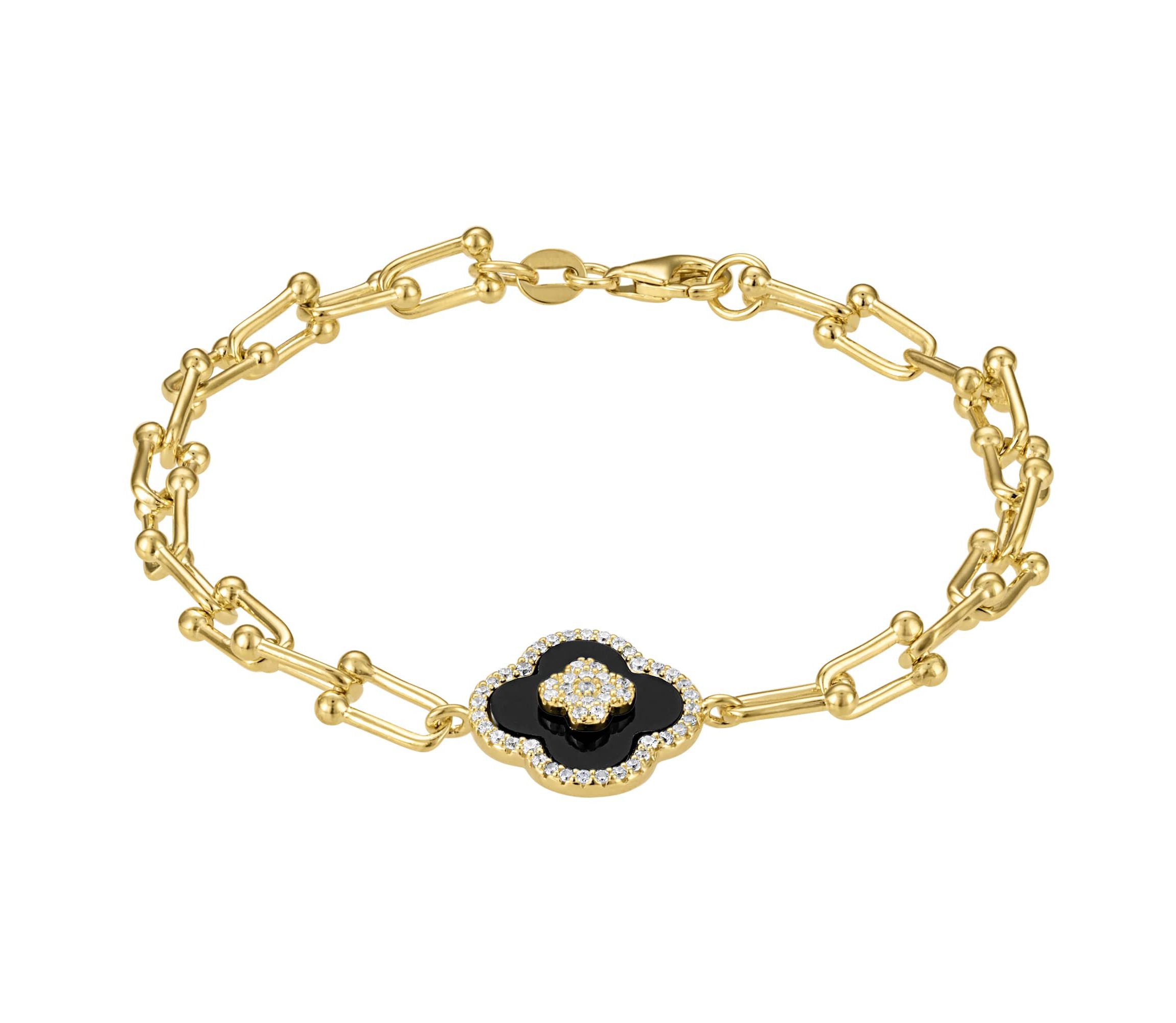 Sterling Silver Black Onyx And White Cz Clover U Link Bracelet