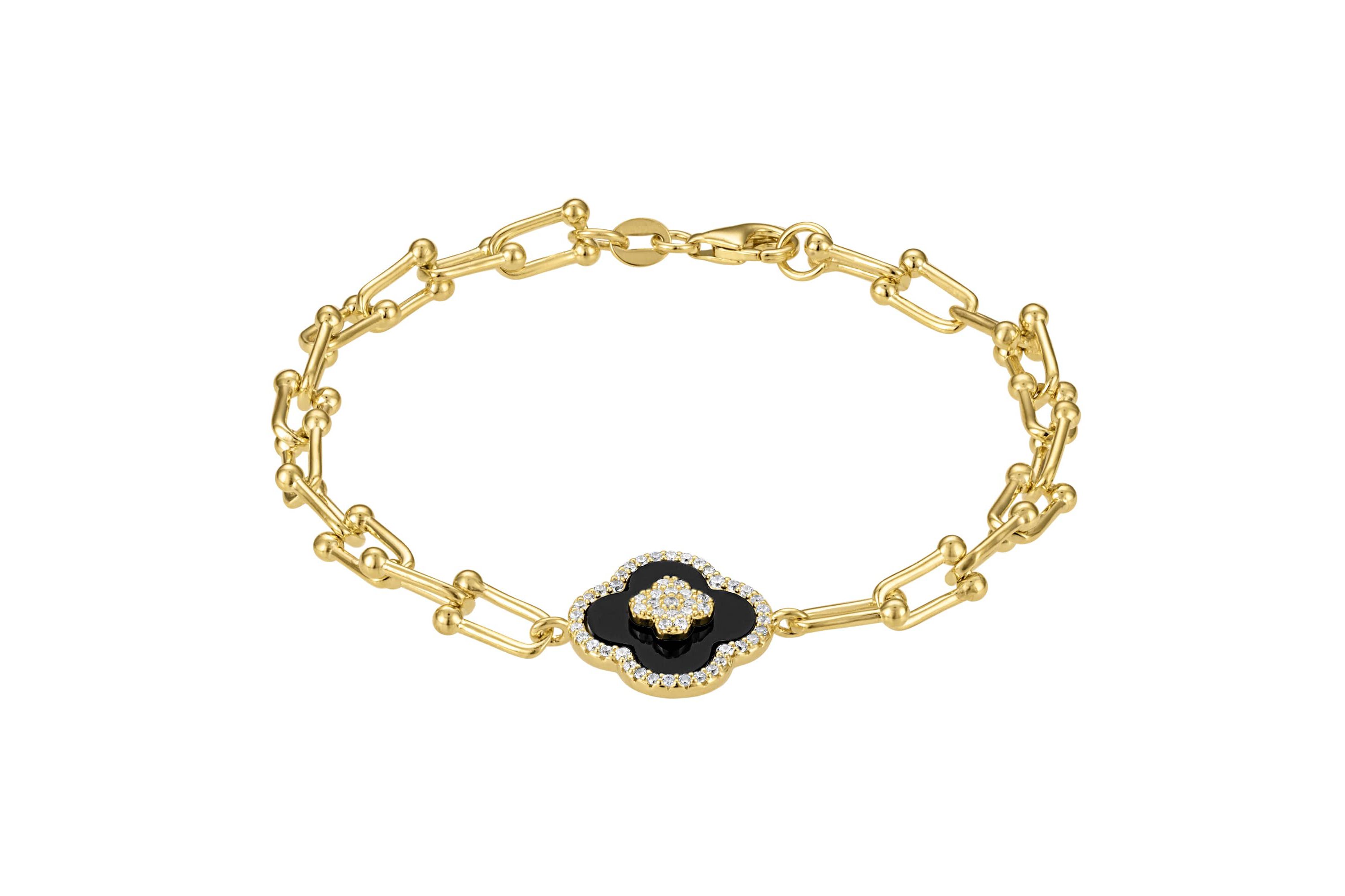 Sterling Silver Black Onyx And White Cz Clover U Link Bracelet