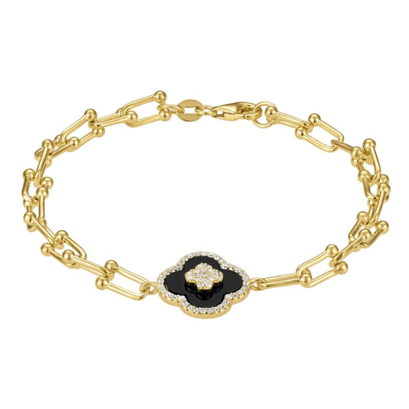 Sterling Silver Black Onyx And White Cz Clover U Link Bracelet