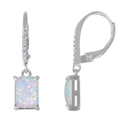 Jordan Blue NYC Lab Created Sterling Silver Created White Opal And Cz Emaeral Cut Leverback Earring