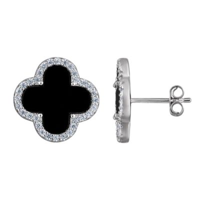 Jordan Blue NYC STERLING SILVER BLACK ONYX AND WHITE CZ CLOVER STUD EARRING
