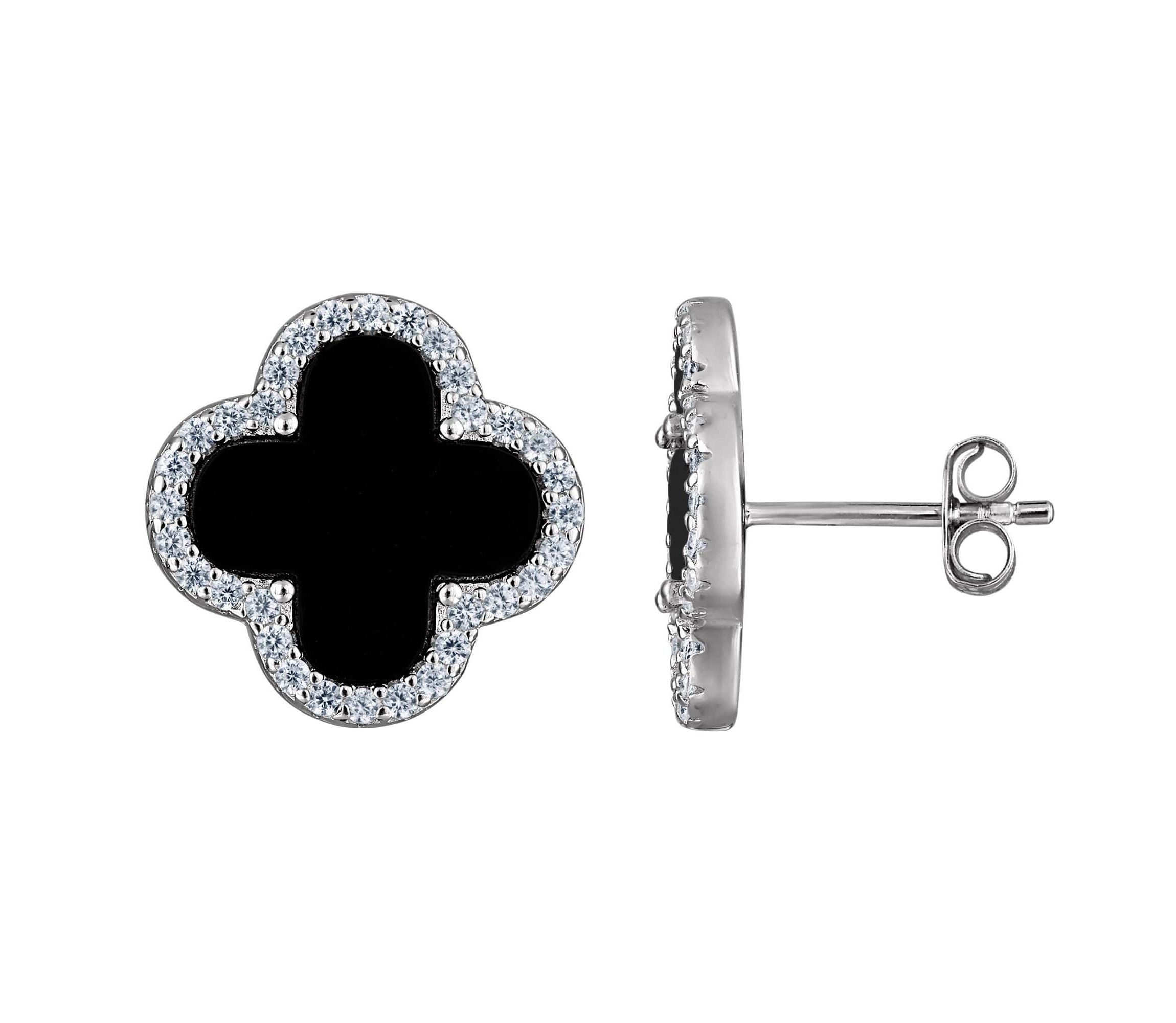 Sterling Silver Black Onyx And White Cz Clover Stud Earring