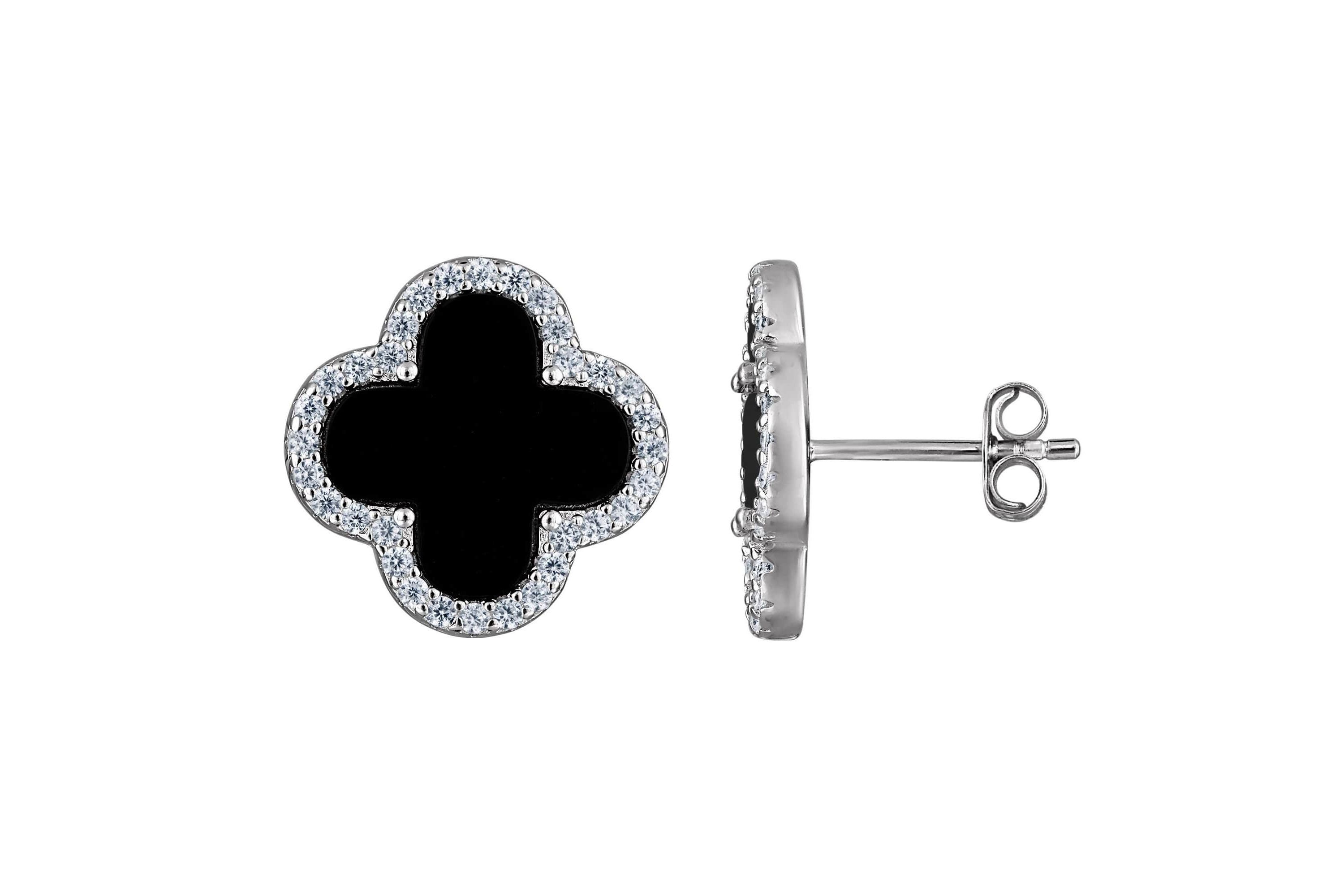 Sterling Silver Black Onyx And White Cz Clover Stud Earring