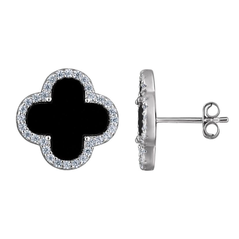 Sterling Silver Black Onyx And White Cz Clover Stud Earring