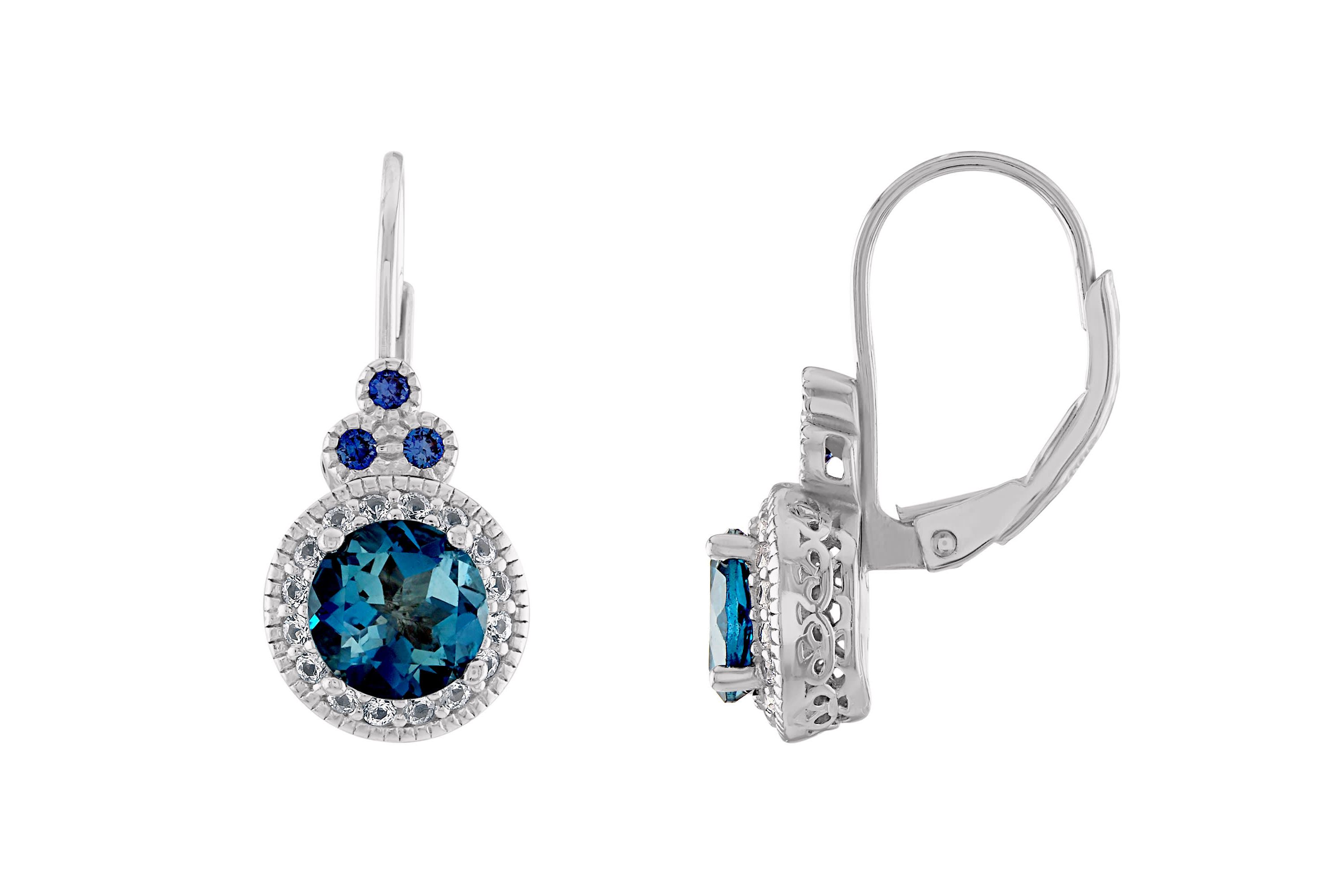 Sterling Silver London Blue Topaz, Created Sapphire, And Created White Sapphire Leverback