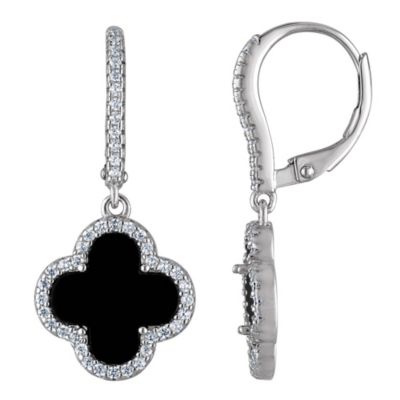 Jordan Blue NYC Sterling Silver Black Onyx And White Cz Dangle Clover Earring