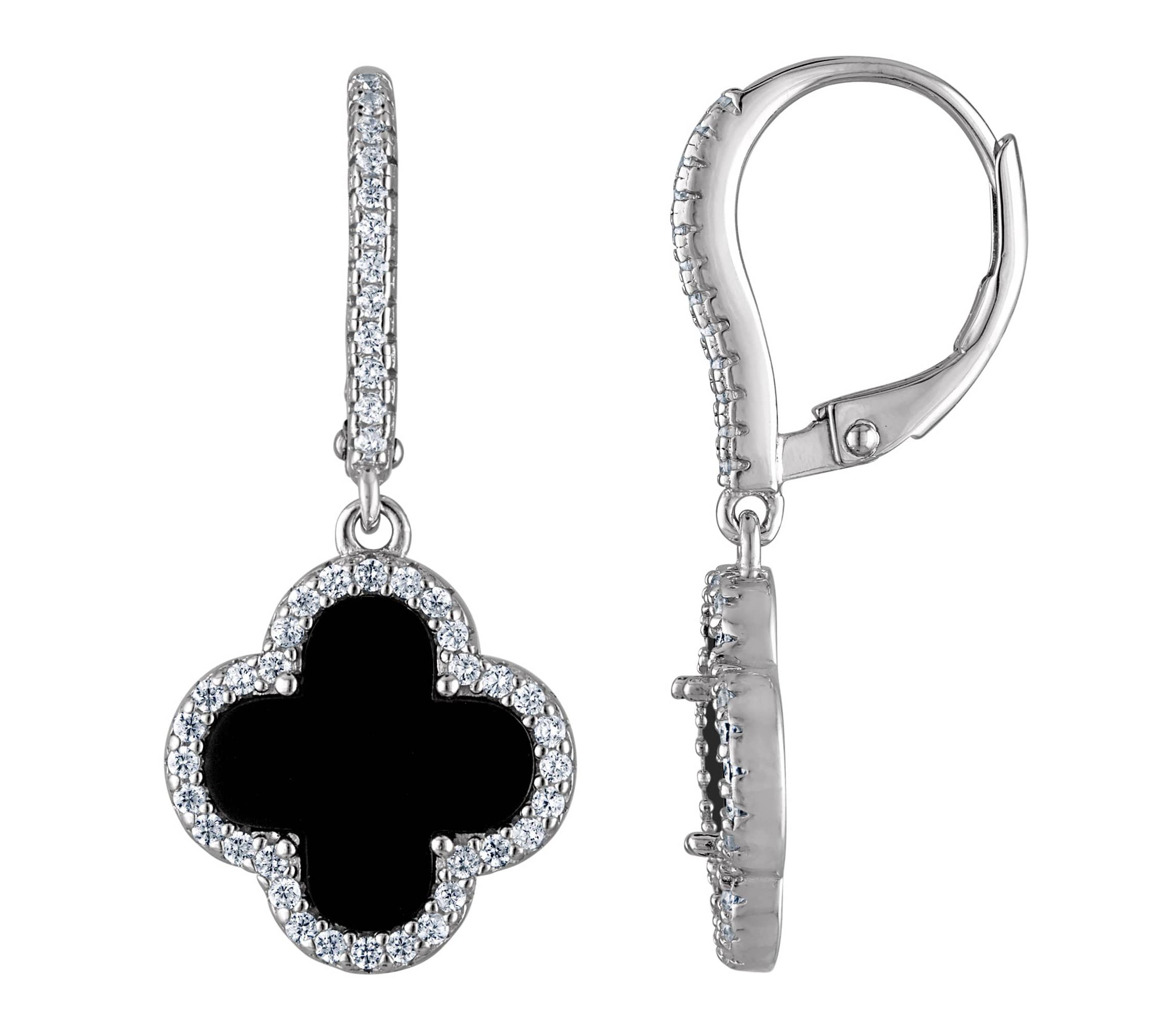 Sterling Silver Black Onyx And White Cz Dangle Clover Earring