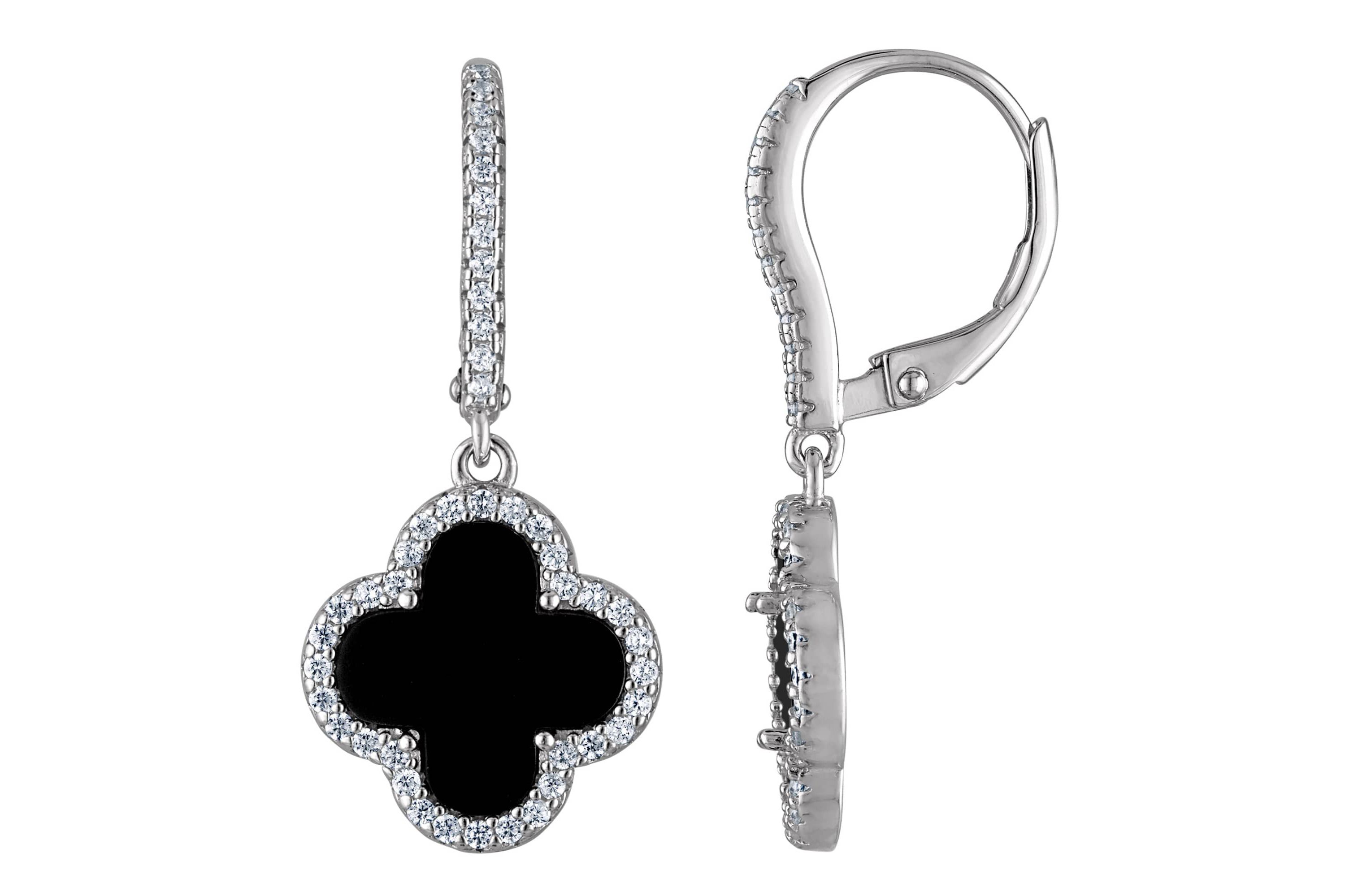 Sterling Silver Black Onyx And White Cz Dangle Clover Earring