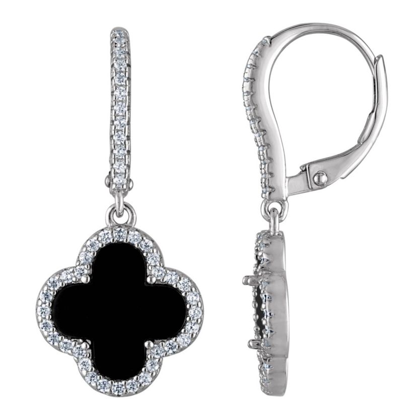 Sterling Silver Black Onyx And White Cz Dangle Clover Earring