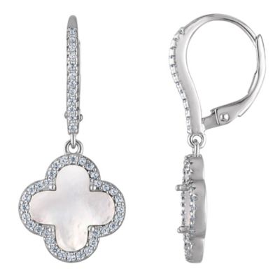 Jordan Blue NYC Sterling Silver Mother Of Pearl And White Cz Dangle Clover Earring